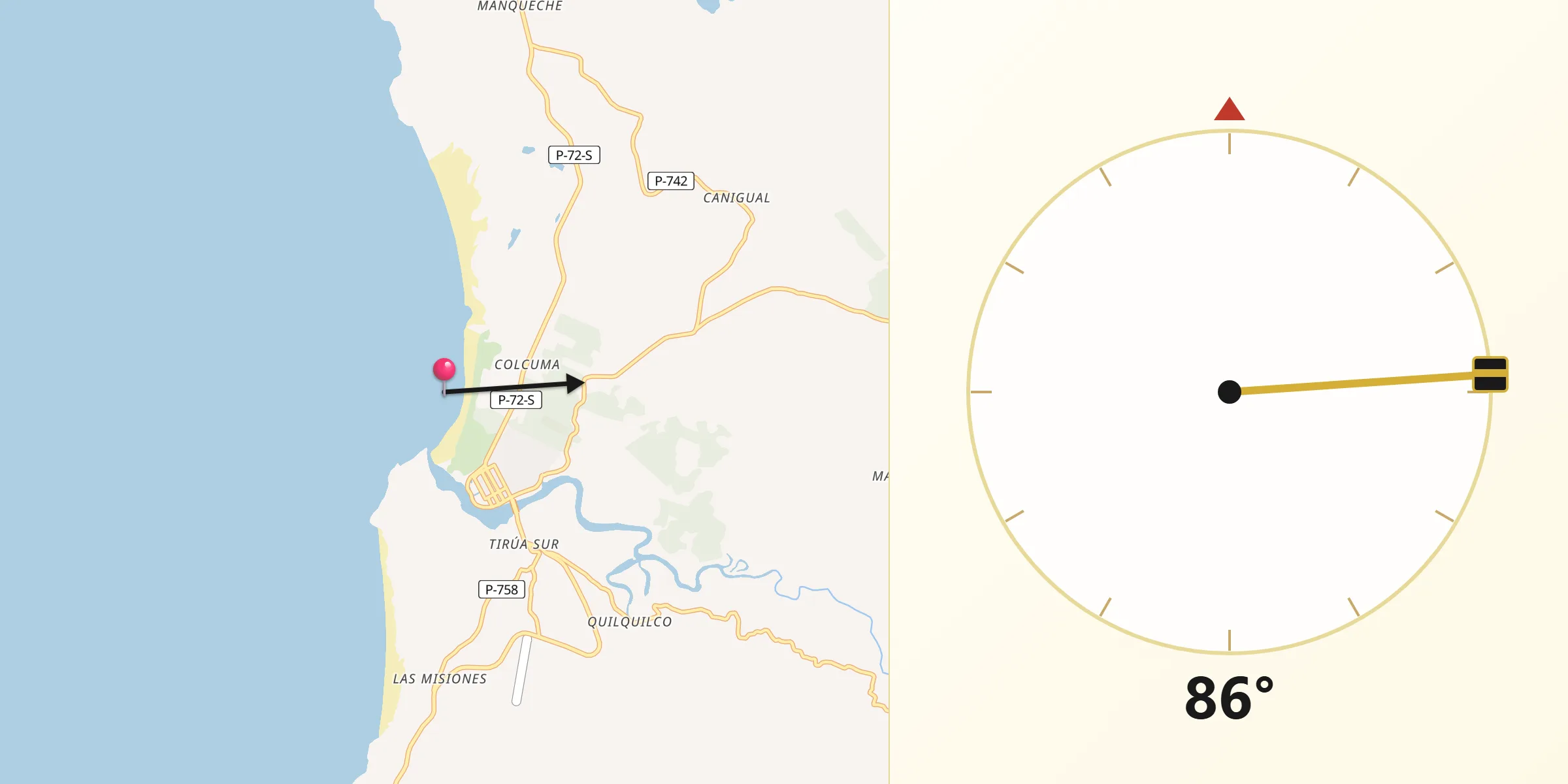 Dirección de la Qibla desde Tirúa