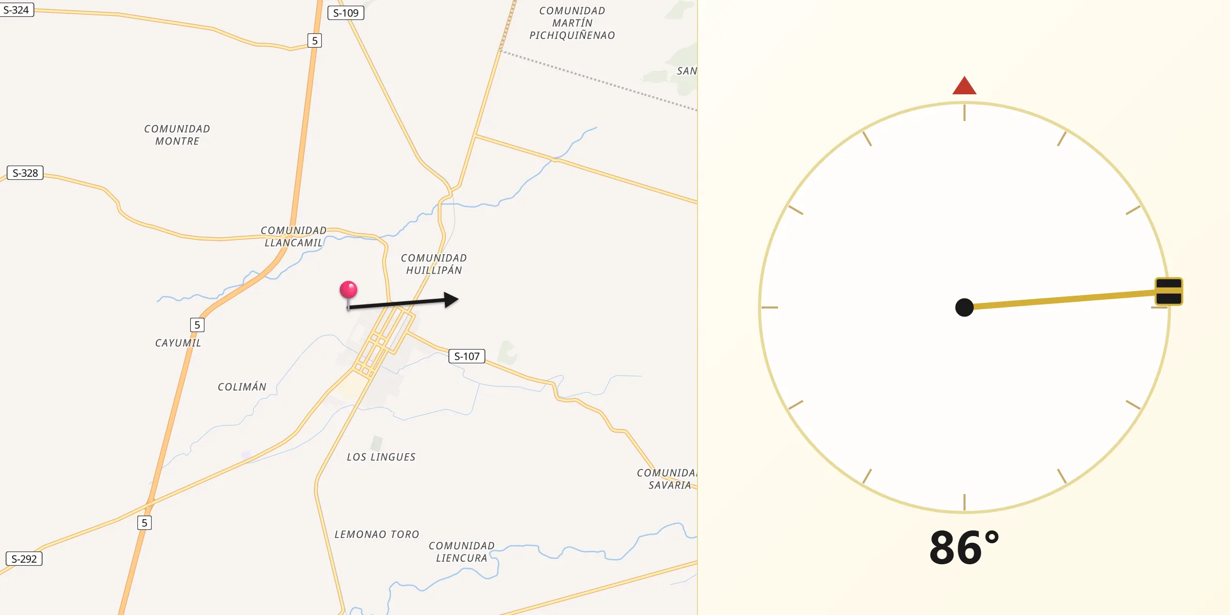 Dirección de la Qibla desde Perquenco