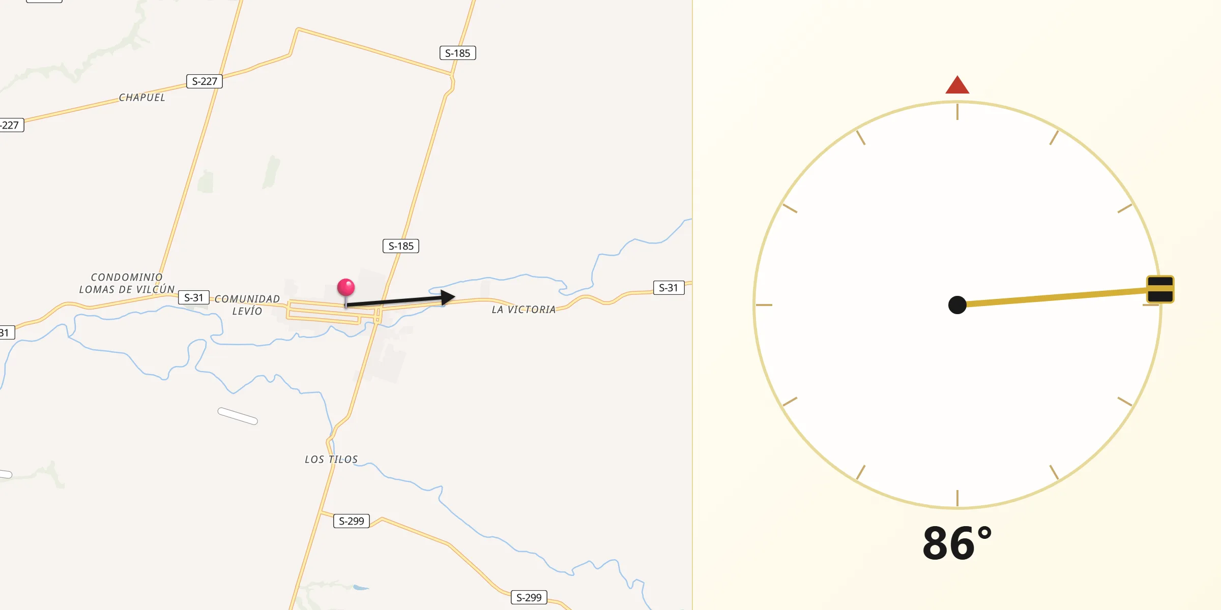 Dirección de la Qibla desde Vilcún