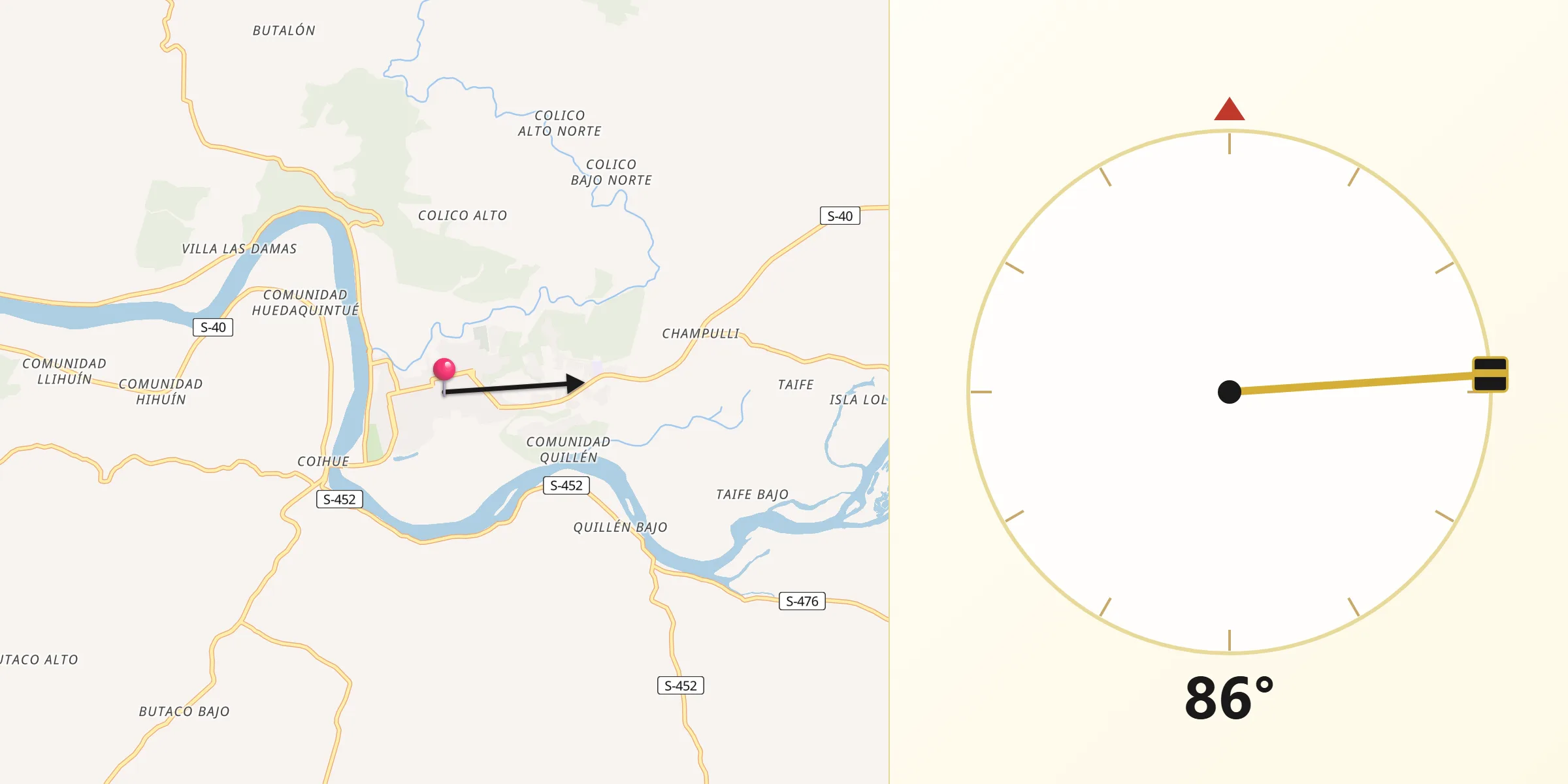 Dirección de la Qibla desde Carahue