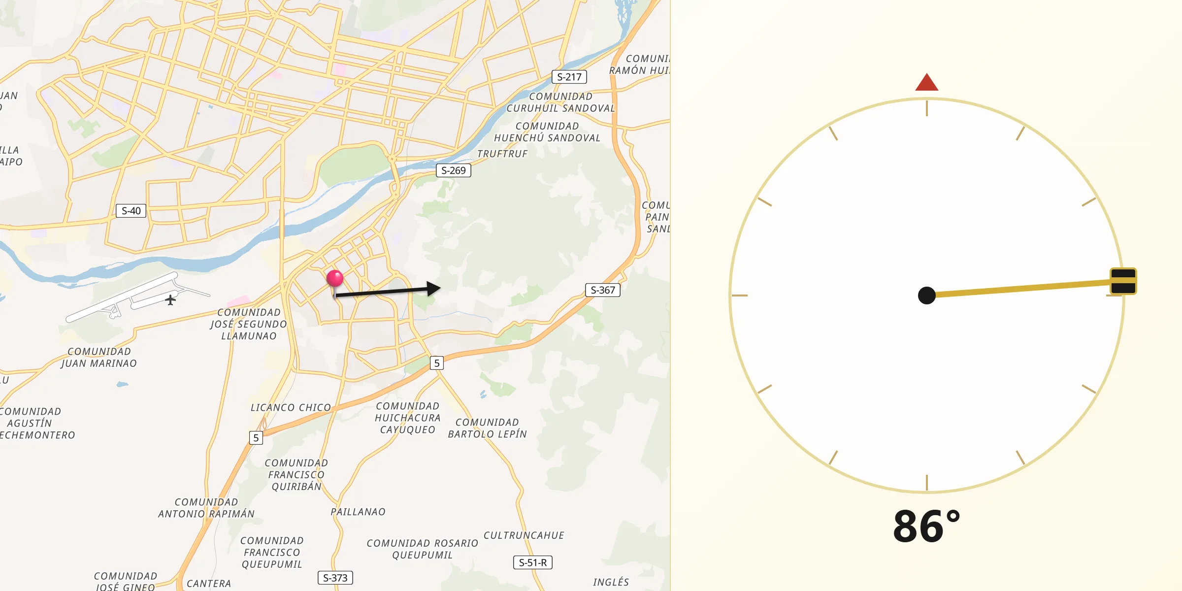 Dirección de la Qibla desde Padre Las Casas