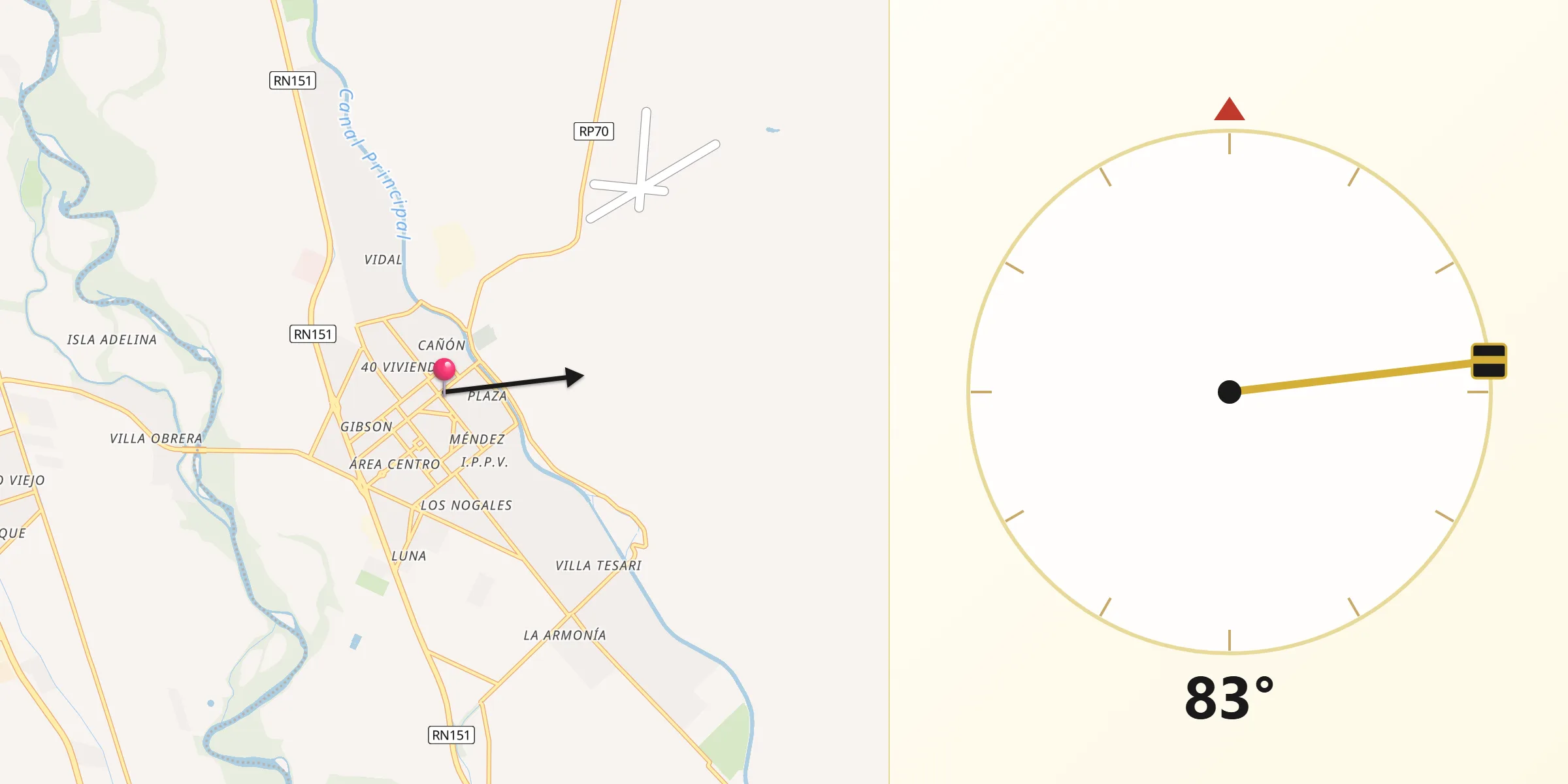 Dirección de la Qibla desde Cinco Saltos