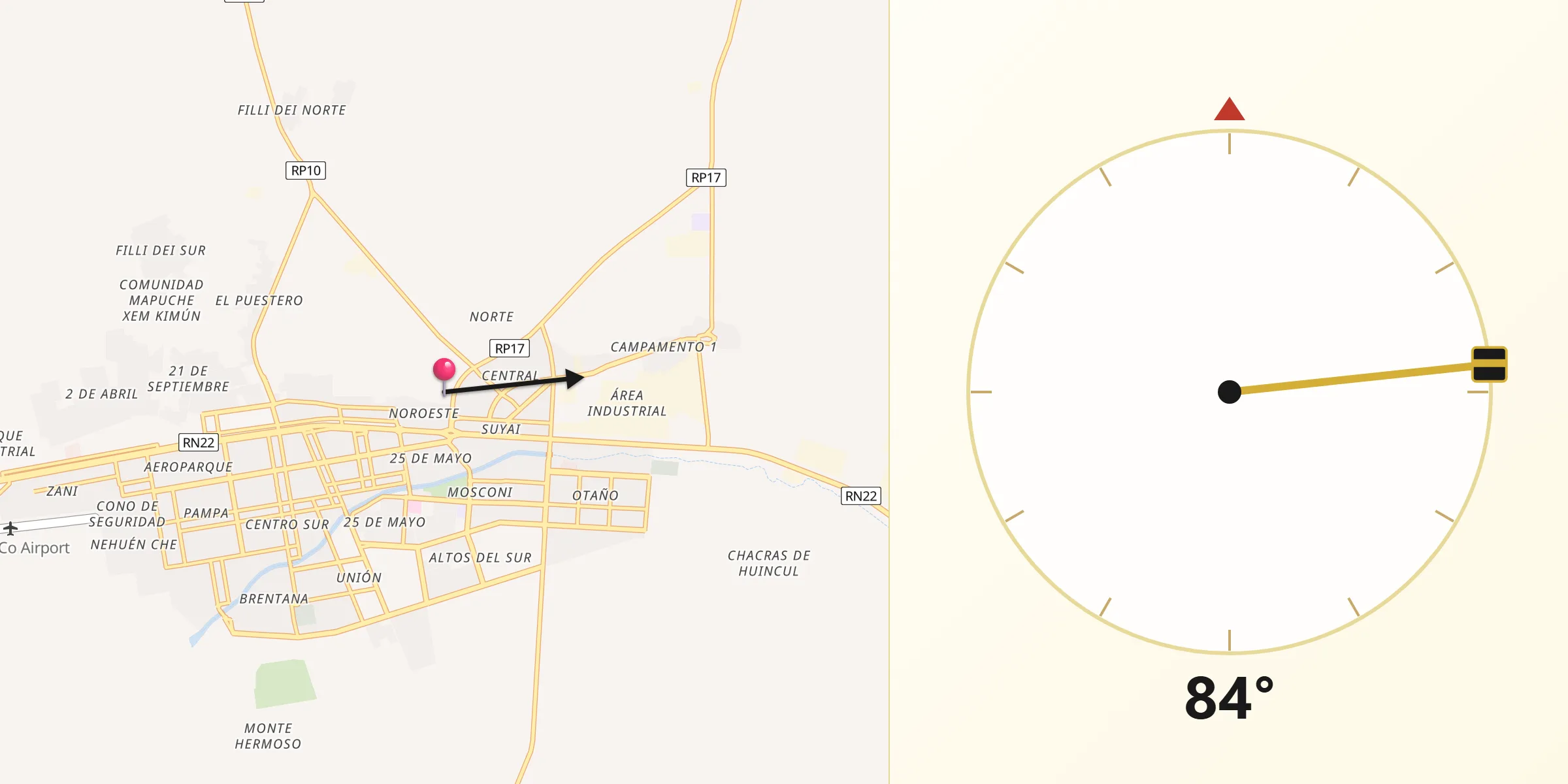 Dirección de la Qibla desde Plaza Huincul