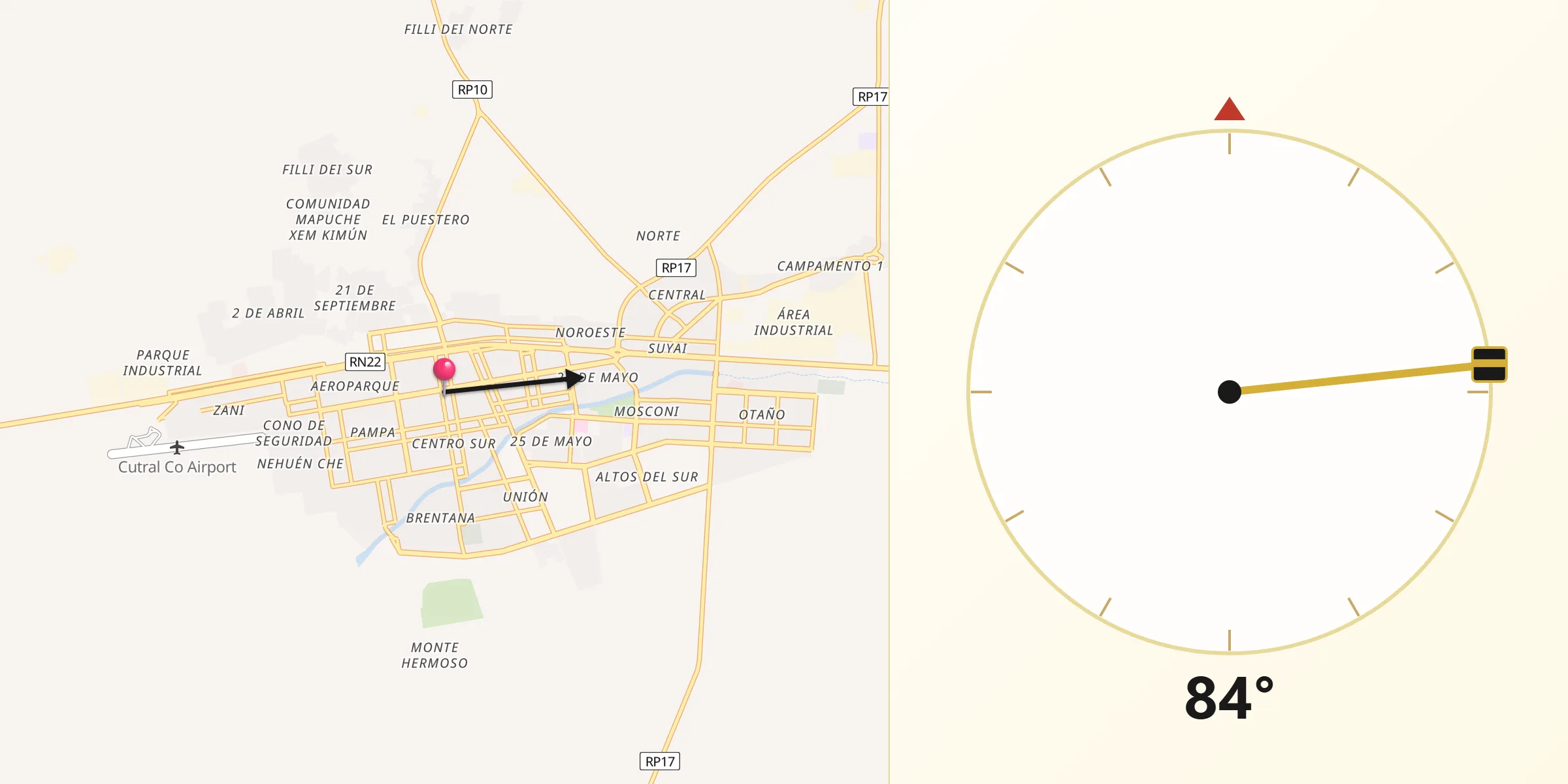 Dirección de la Qibla desde Cutral-Có