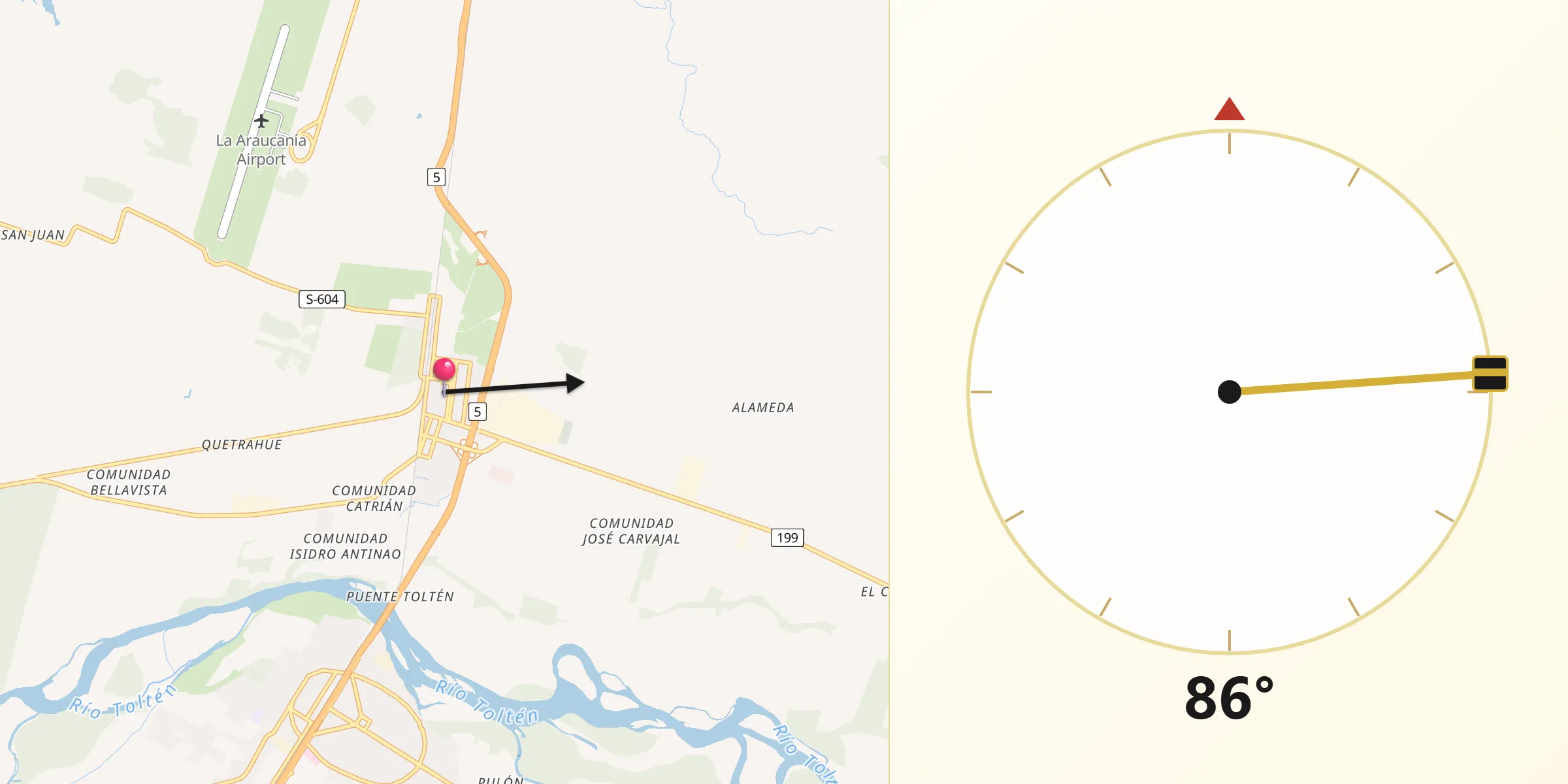 Dirección de la Qibla desde Freire