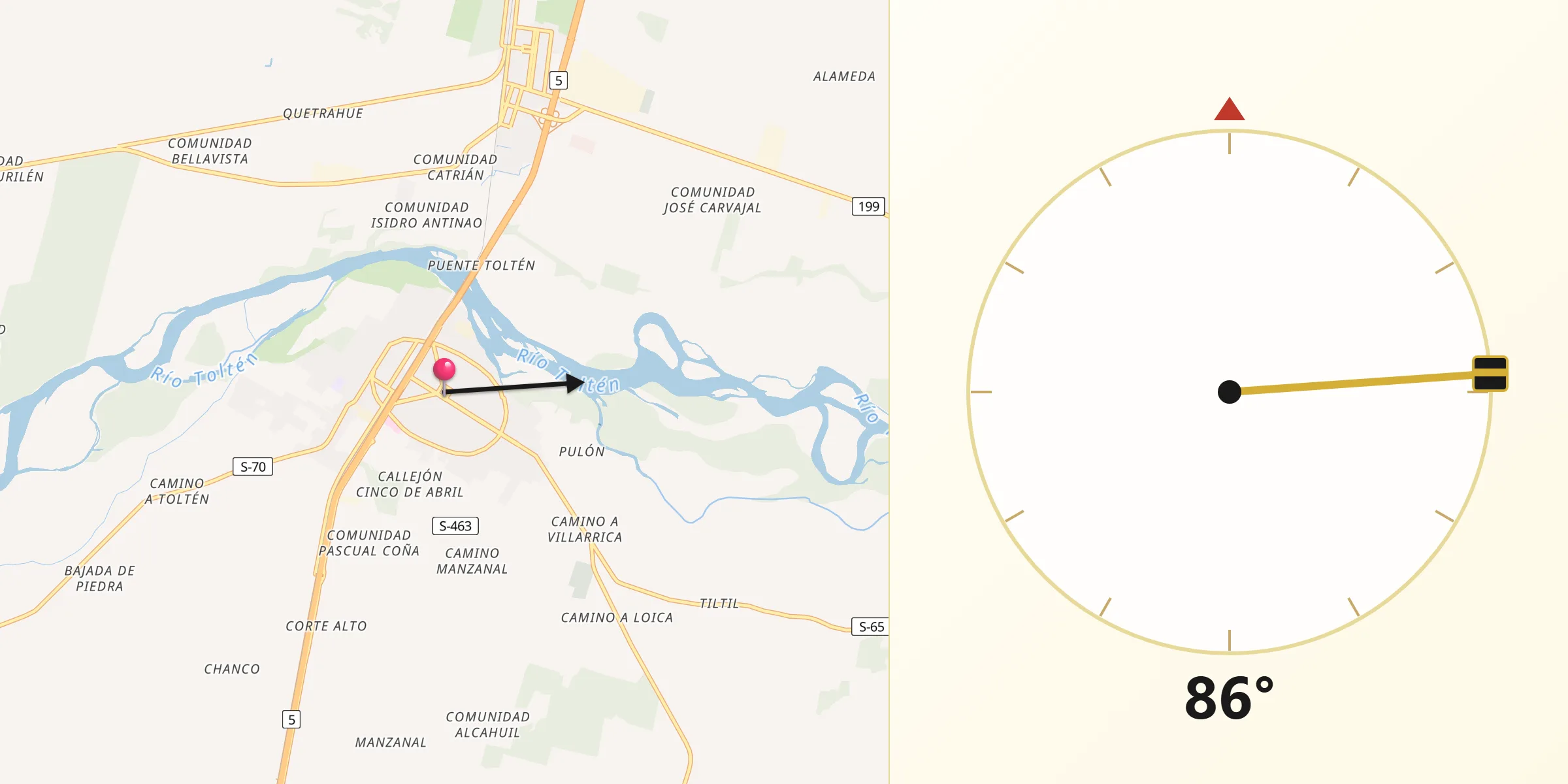 Dirección de la Qibla desde Pitrufquén