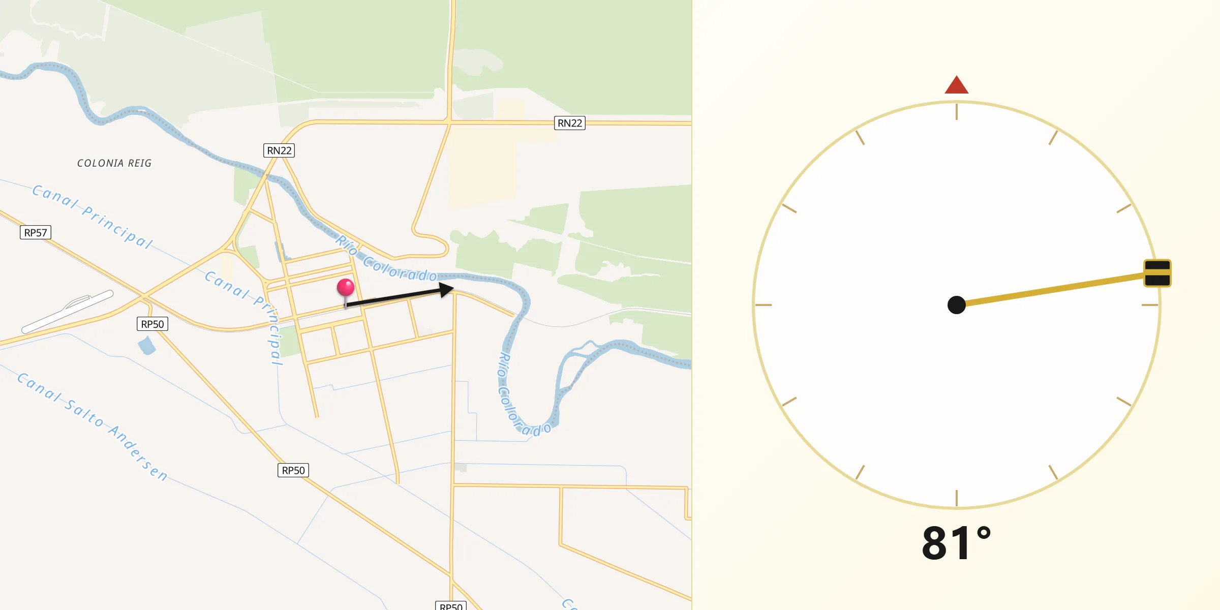 Dirección de la Qibla desde Río Colorado