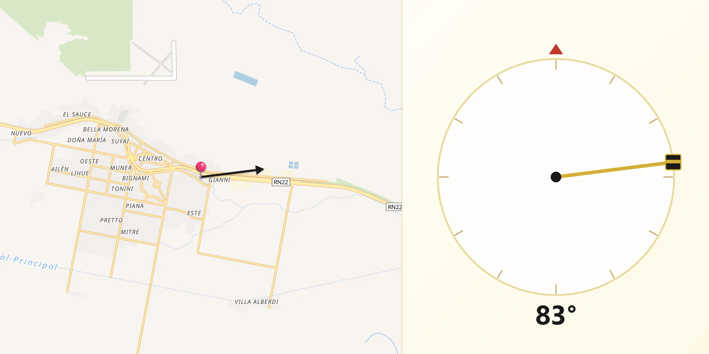 Dirección de la Qibla desde Villa Regina