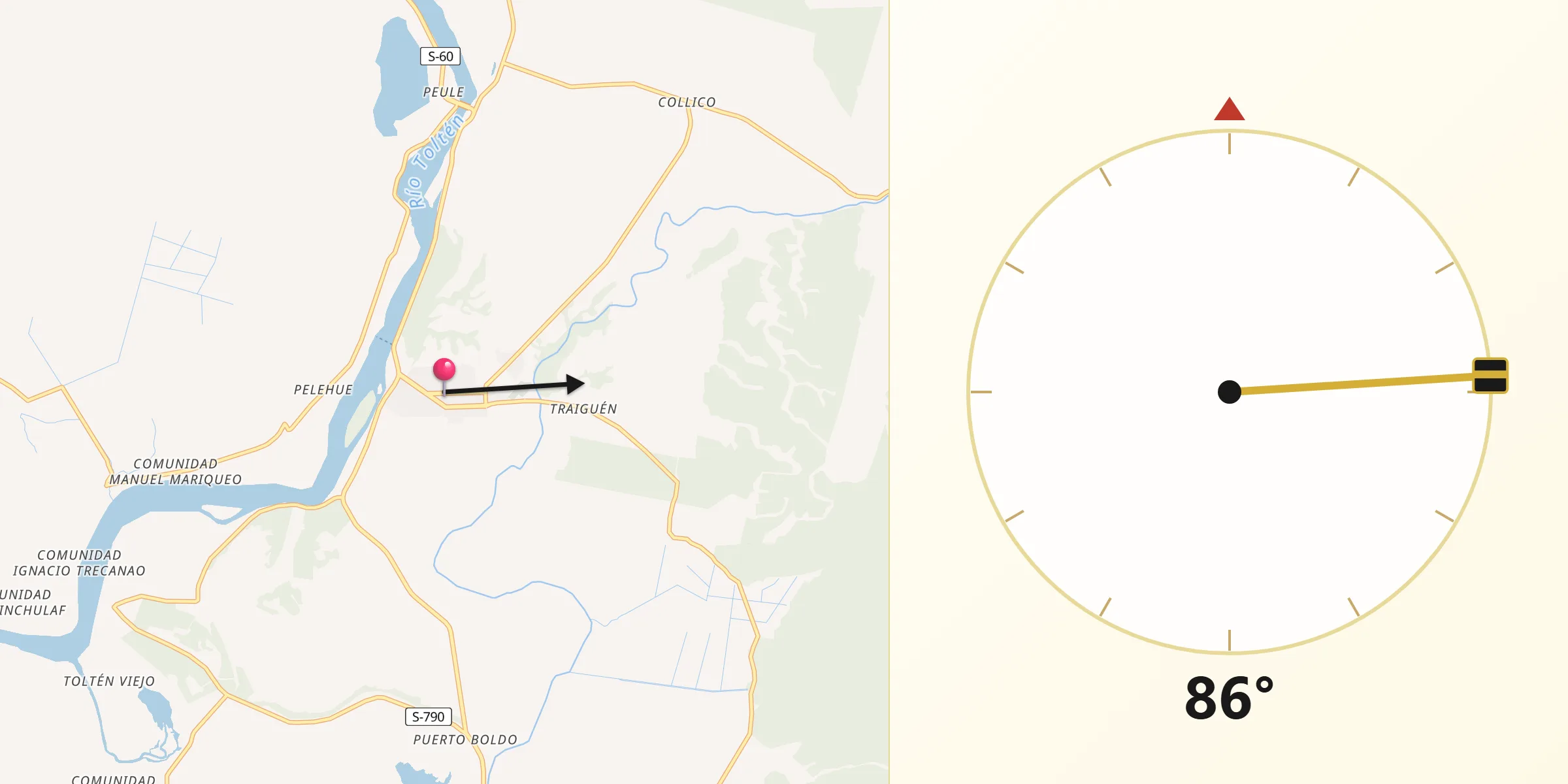 Dirección de la Qibla desde Toltén