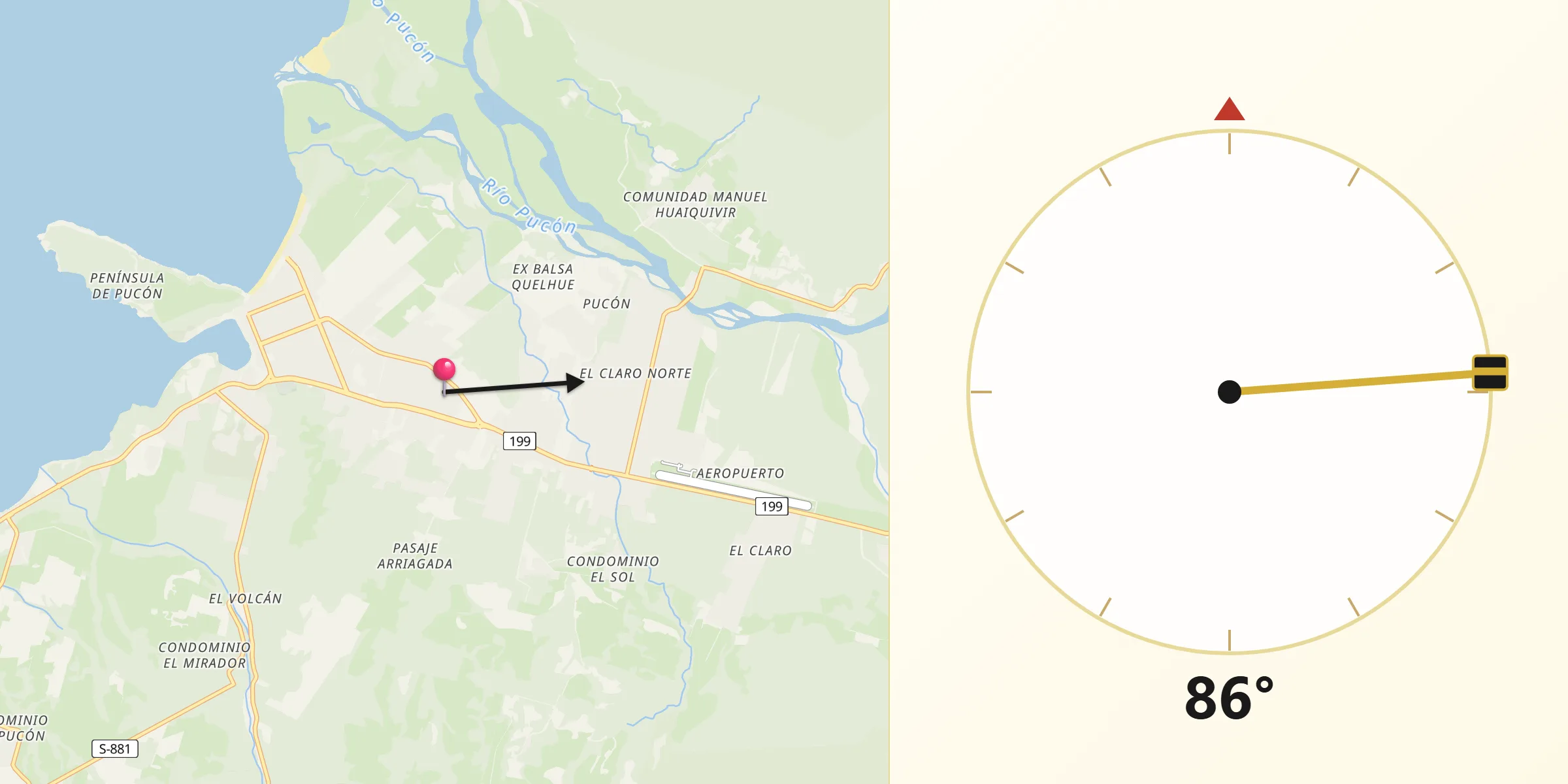 Dirección de la Qibla desde Pucón