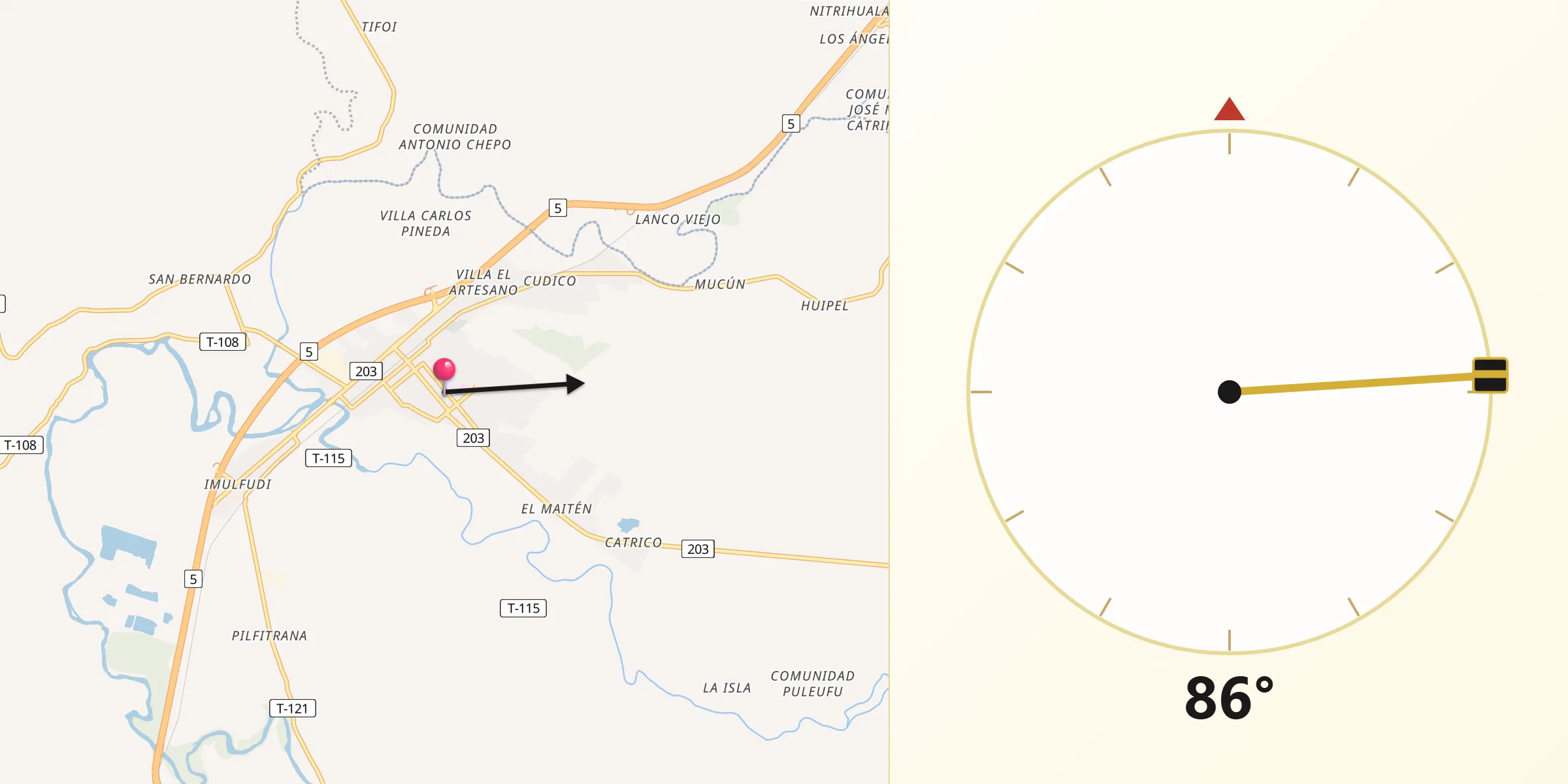 Dirección de la Qibla desde Lanco