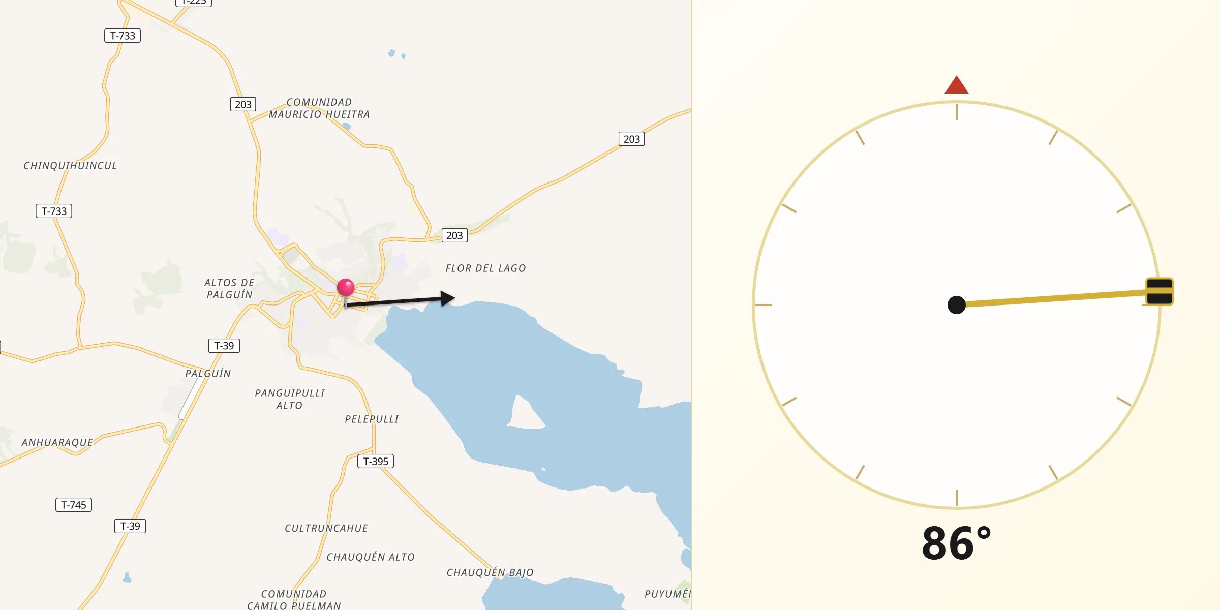 Dirección de la Qibla desde Panguipulli