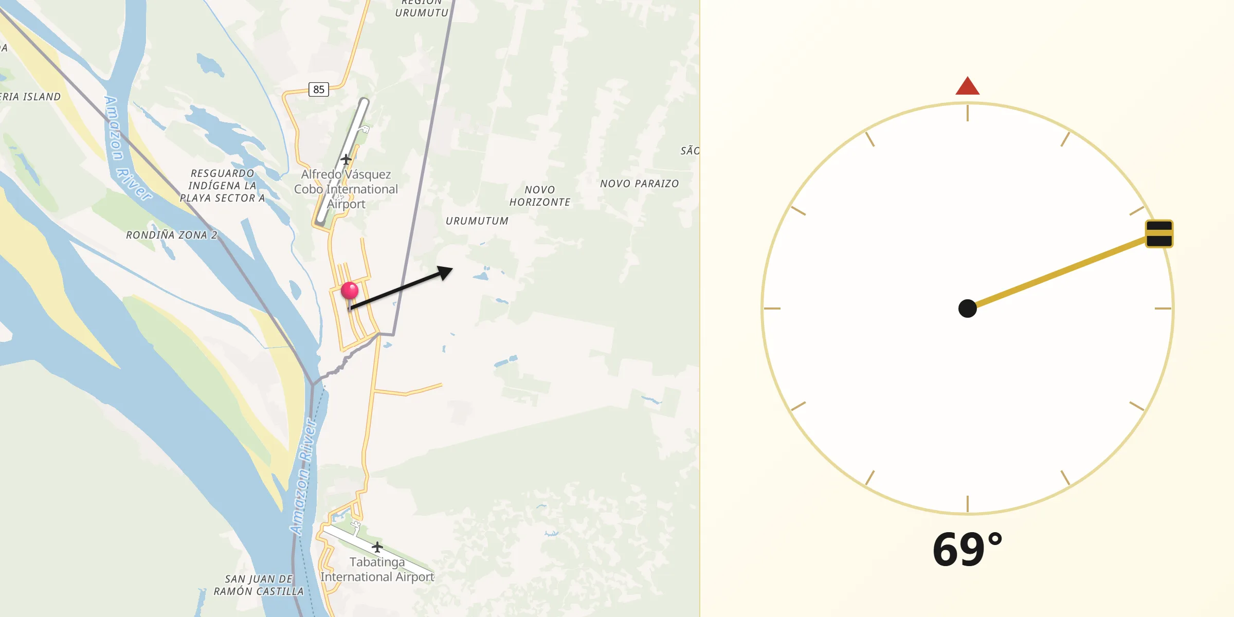 Dirección de la Qibla desde Leticia