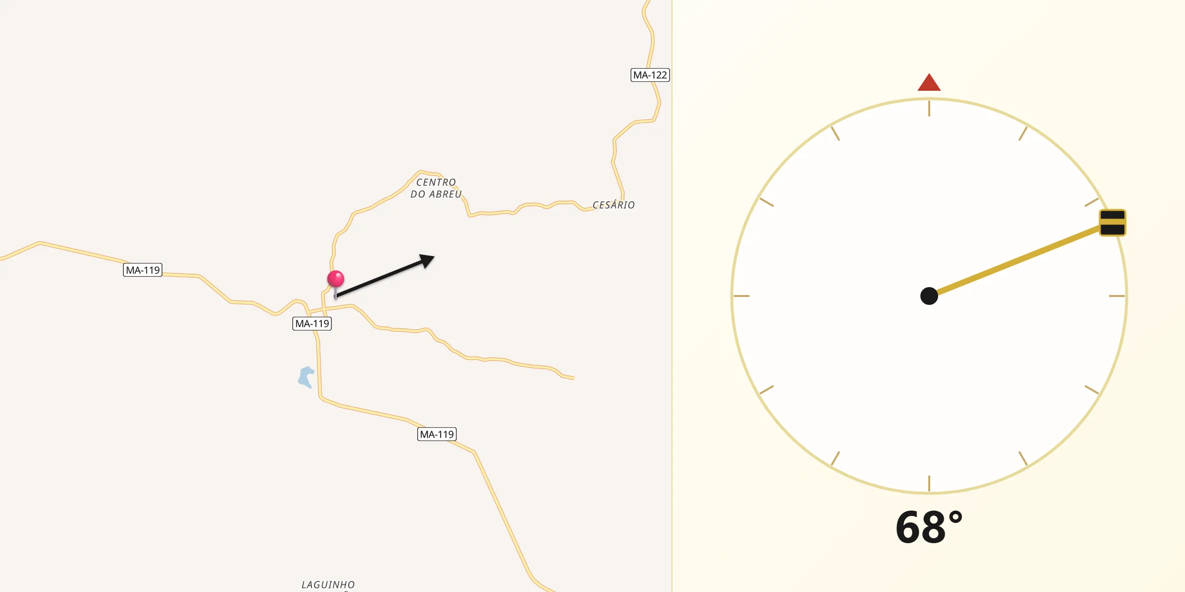 Direção da Qibla a partir de Lago dos Rodrigues