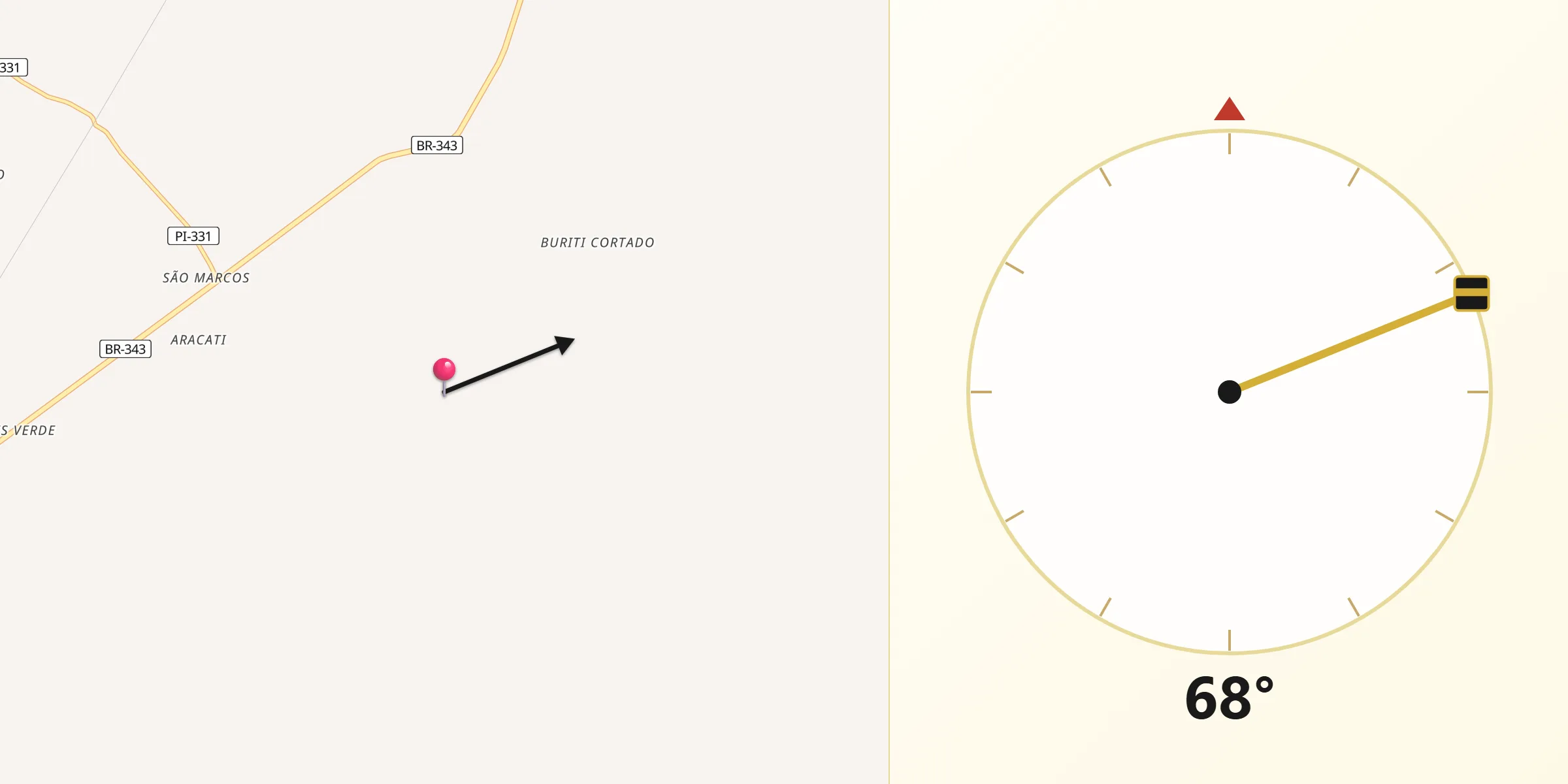 Direção da Qibla a partir de Cocal de Telha