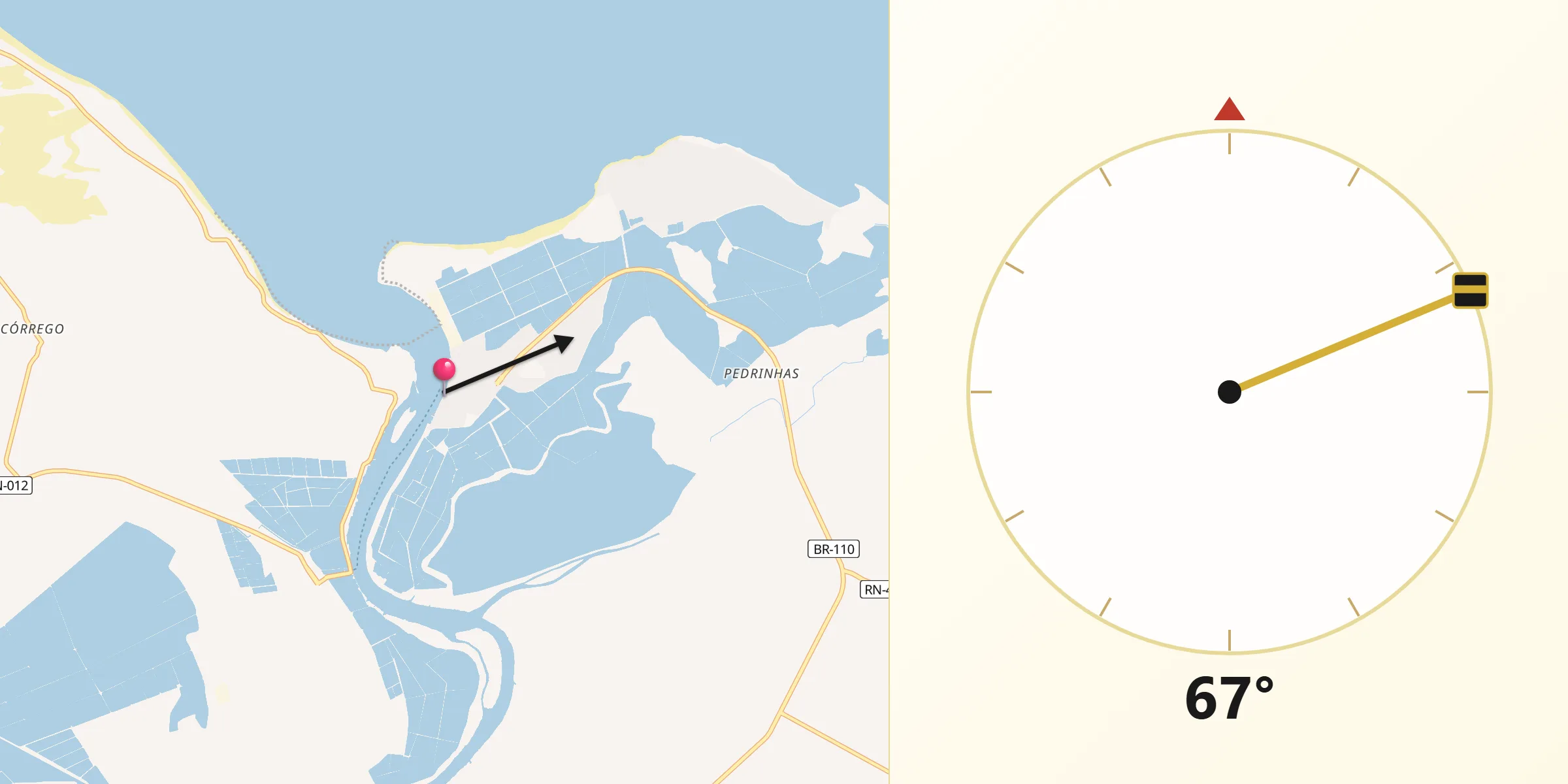 Direção da Qibla a partir de Areia Branca
