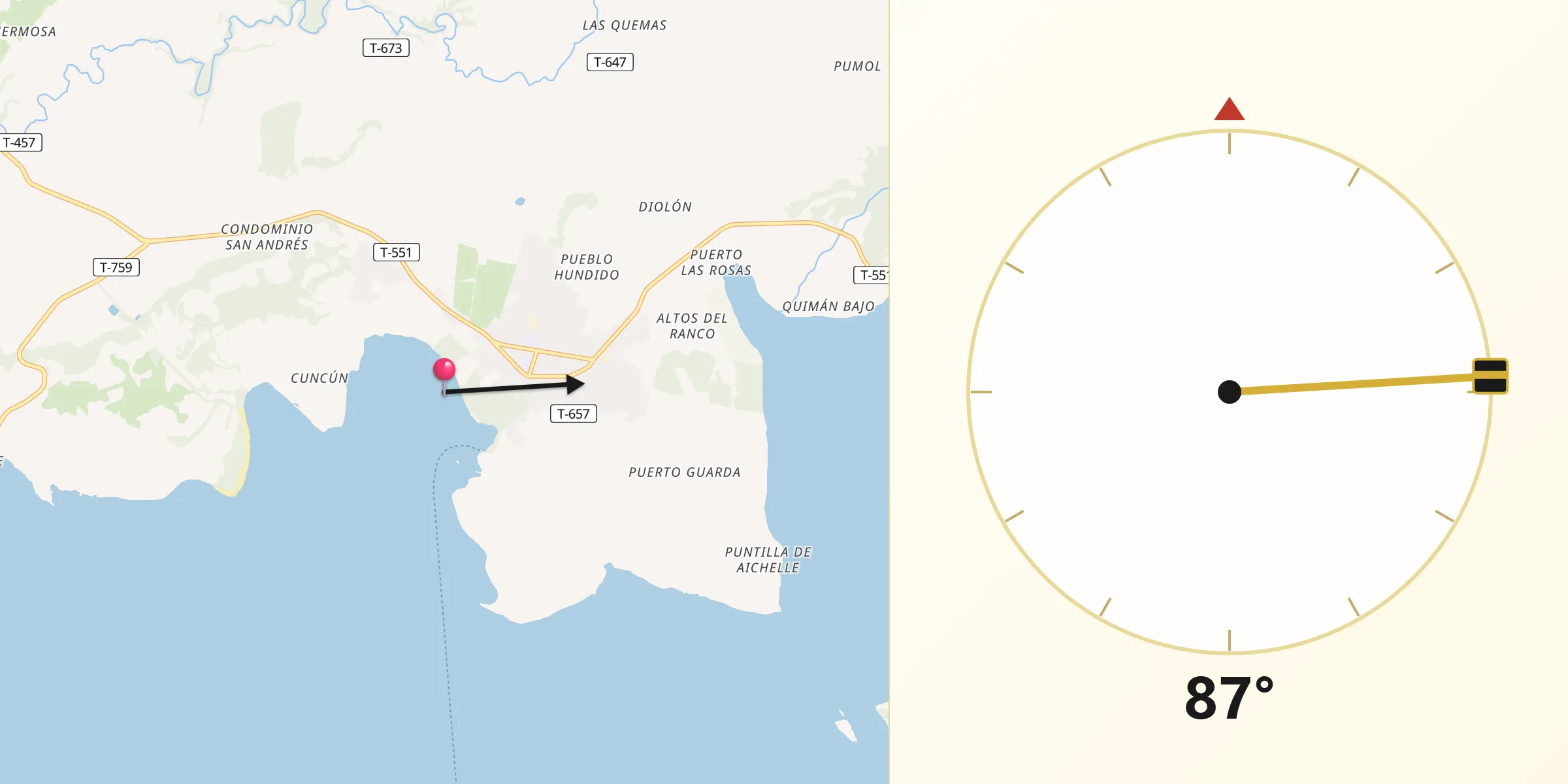 Dirección de la Qibla desde Futrono