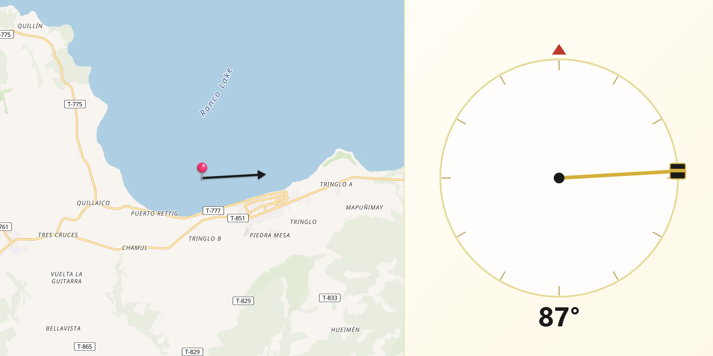 Dirección de la Qibla desde Lago Ranco