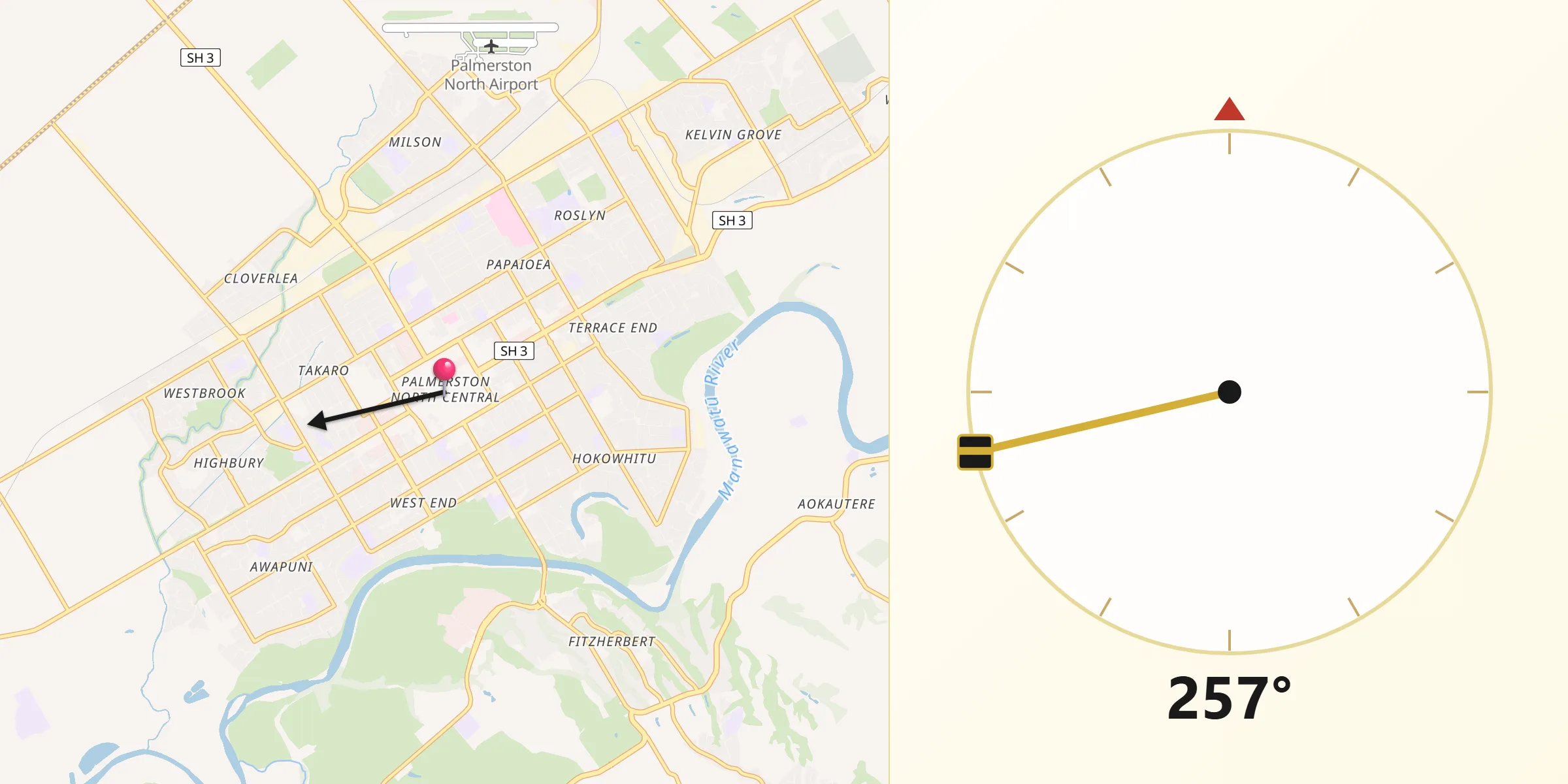 Qibla Direction from Palmerston North
