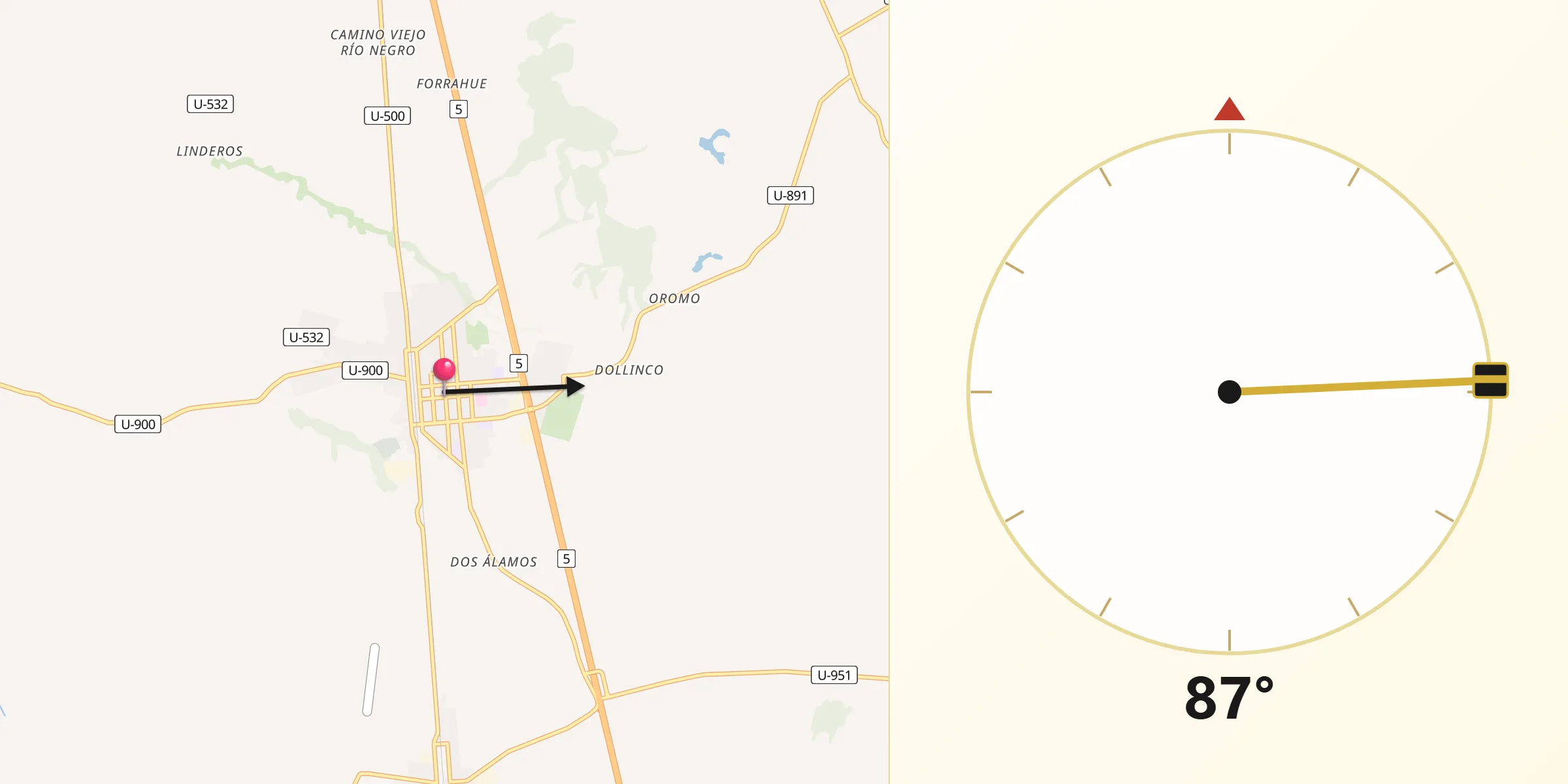 Dirección de la Qibla desde Purranque