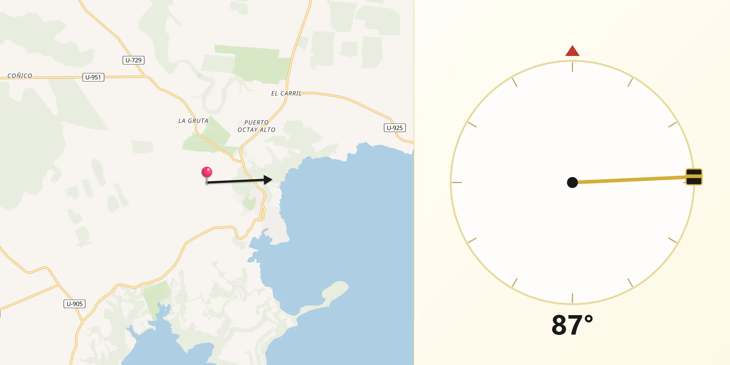 Dirección de la Qibla desde Puerto Octay