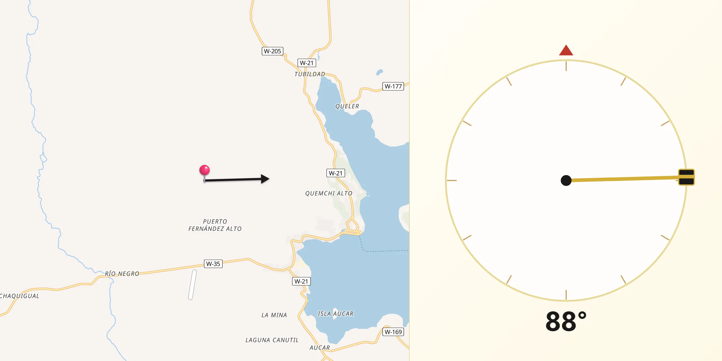 Dirección de la Qibla desde Quemchi