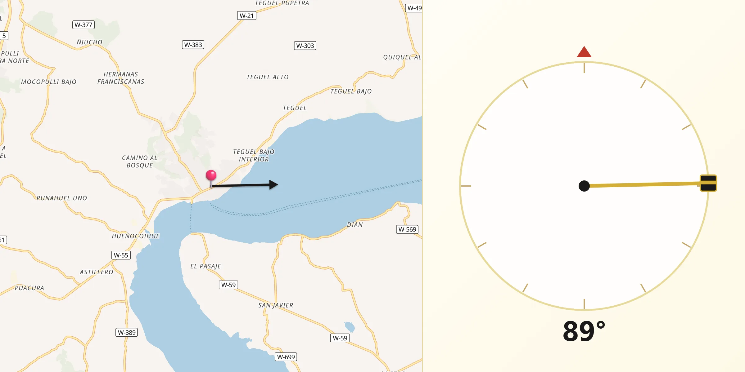 Dirección de la Qibla desde Dalcahue
