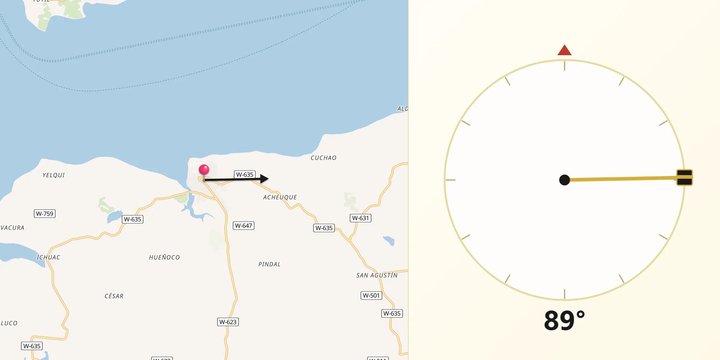 Dirección de la Qibla desde Puqueldón