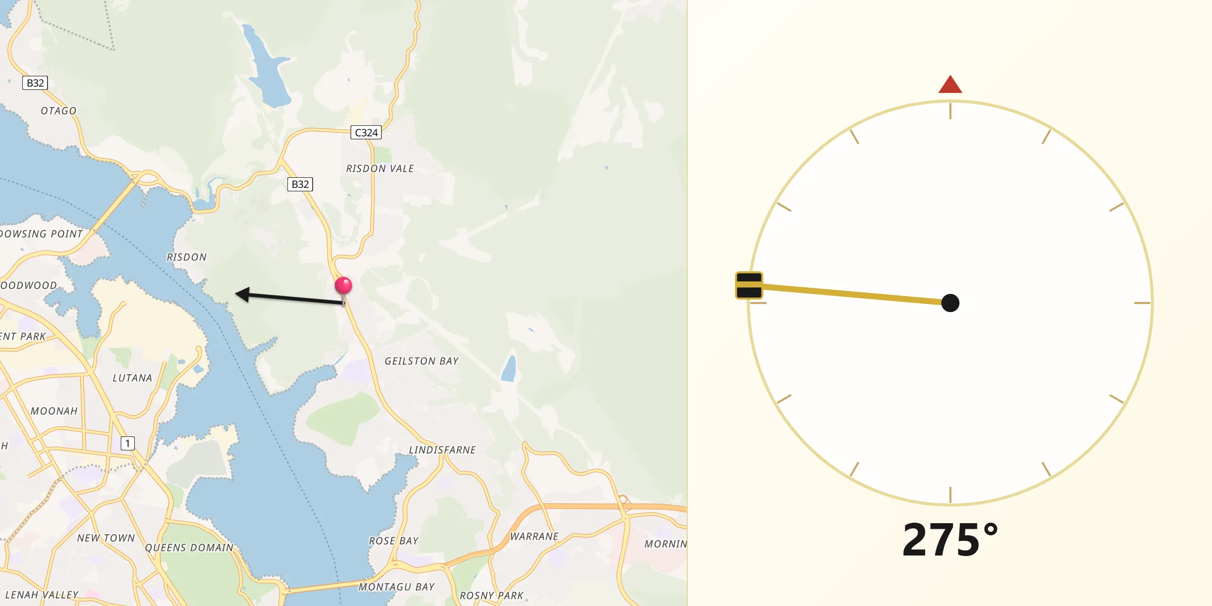 Qibla Direction from Geilston Bay