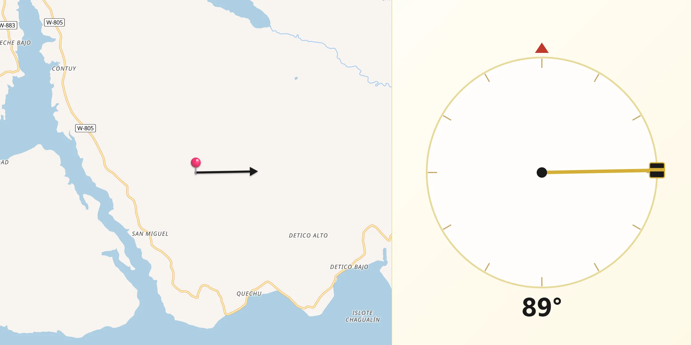 Dirección de la Qibla desde Queilén