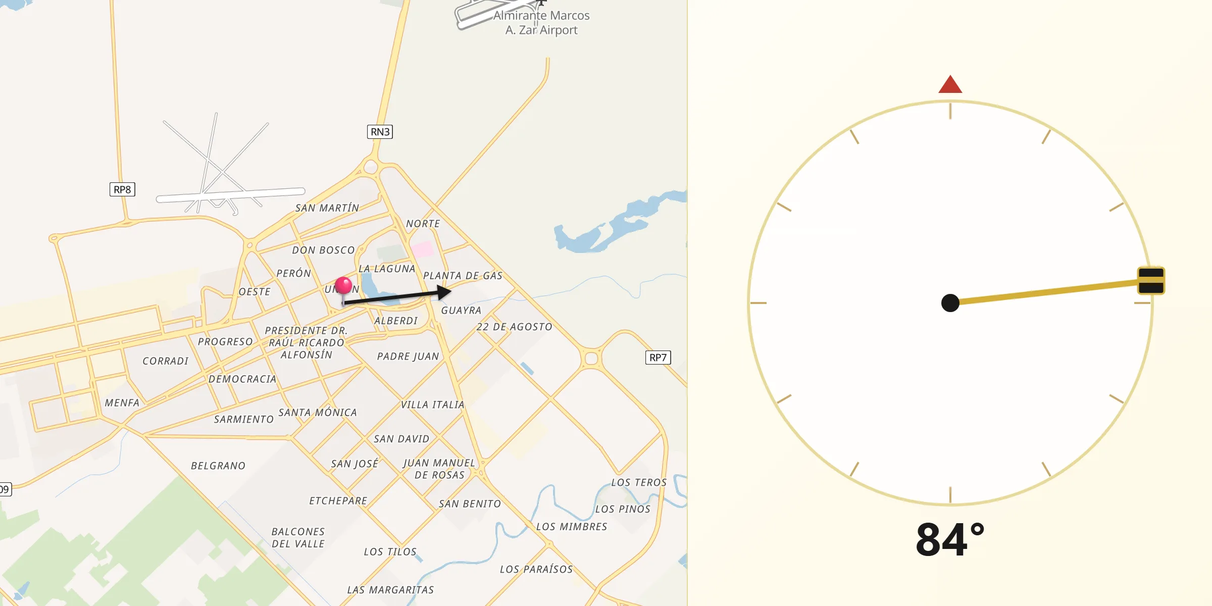 Dirección de la Qibla desde Trelew