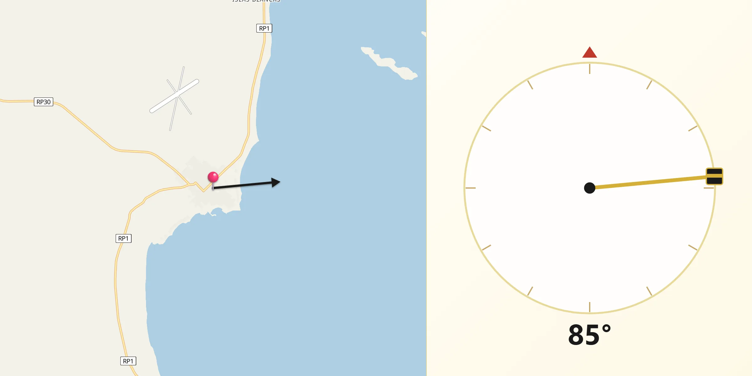Dirección de la Qibla desde Camarones