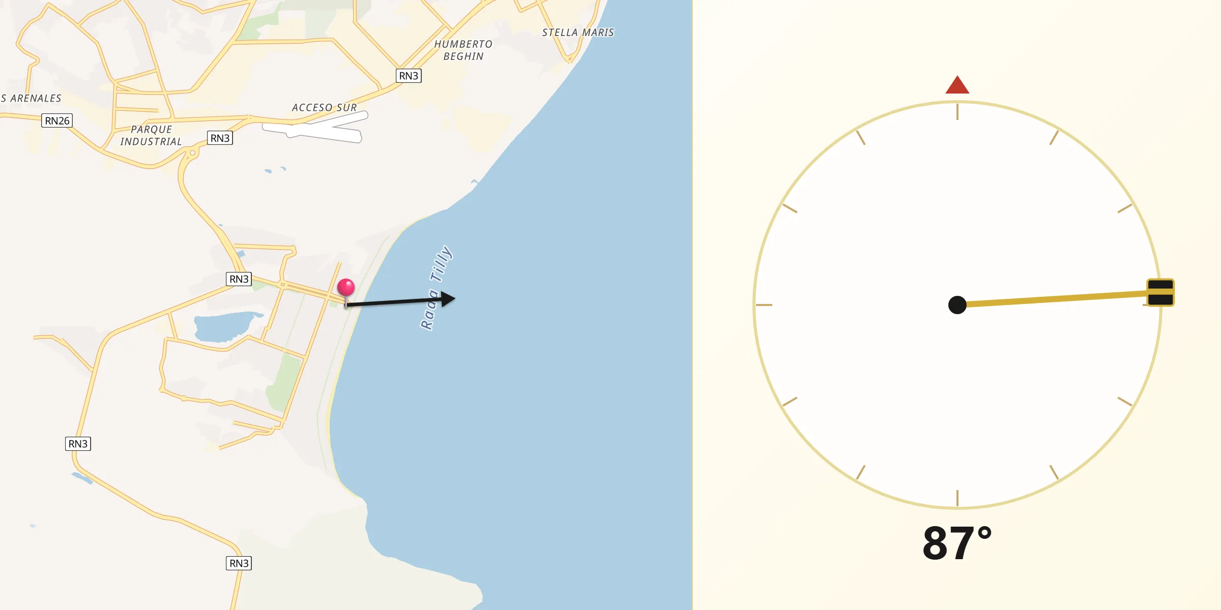 Dirección de la Qibla desde Rada Tilly