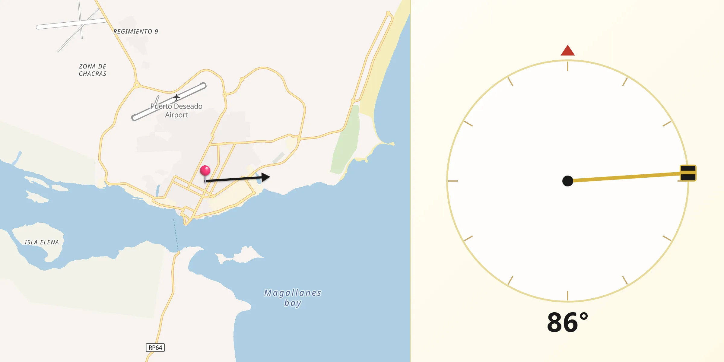 Dirección de la Qibla desde Puerto Deseado