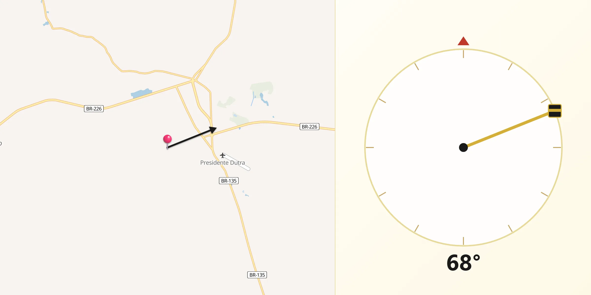 Direção da Qibla a partir de Presidente Dutra