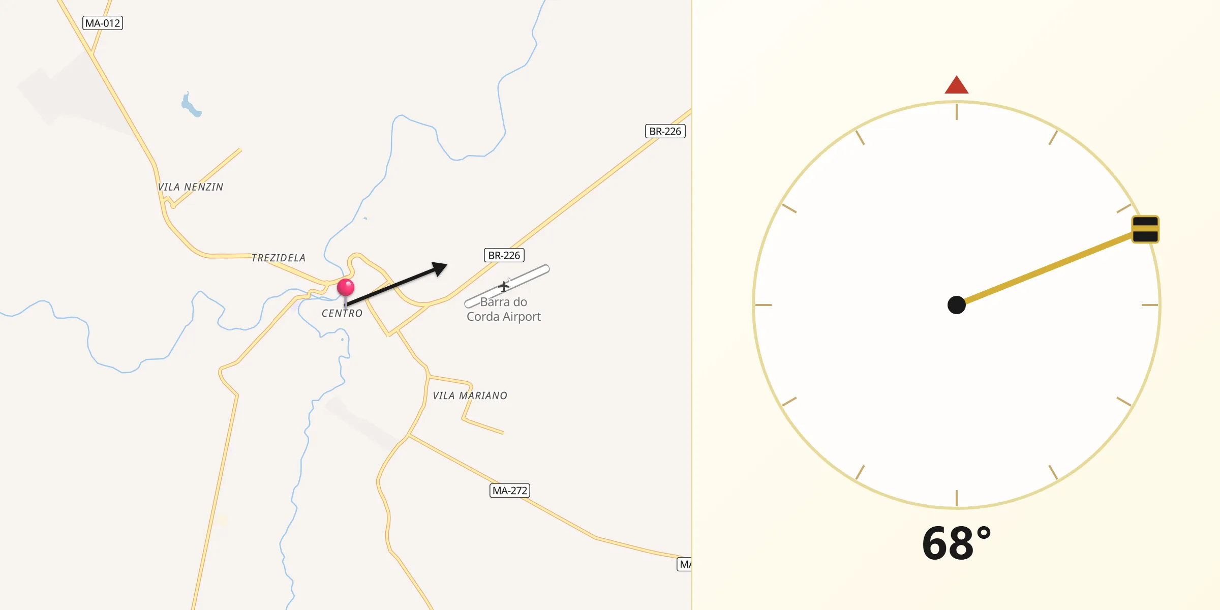 Direção da Qibla a partir de Barra do Corda
