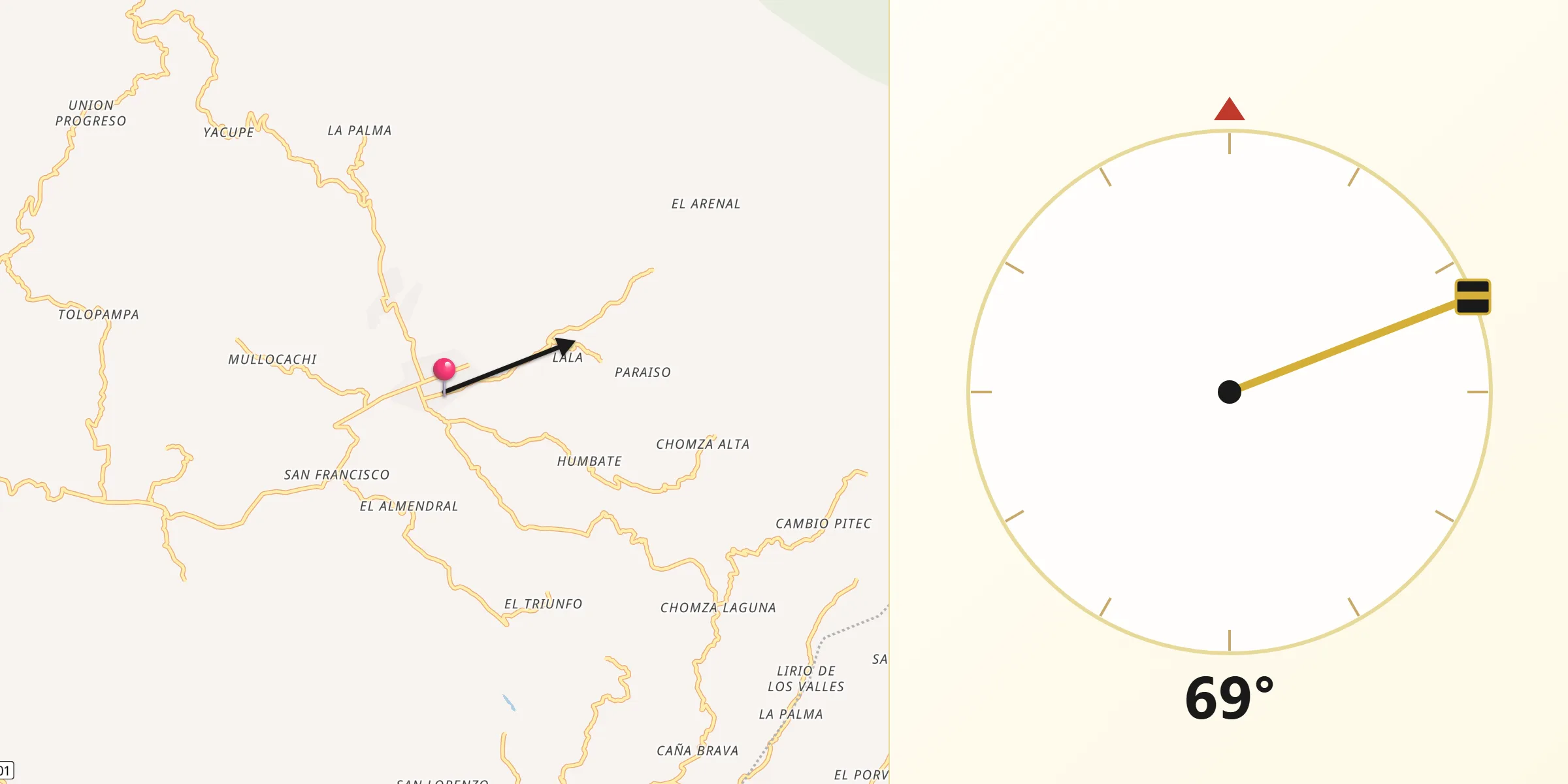 Dirección de la Qibla desde La Peca