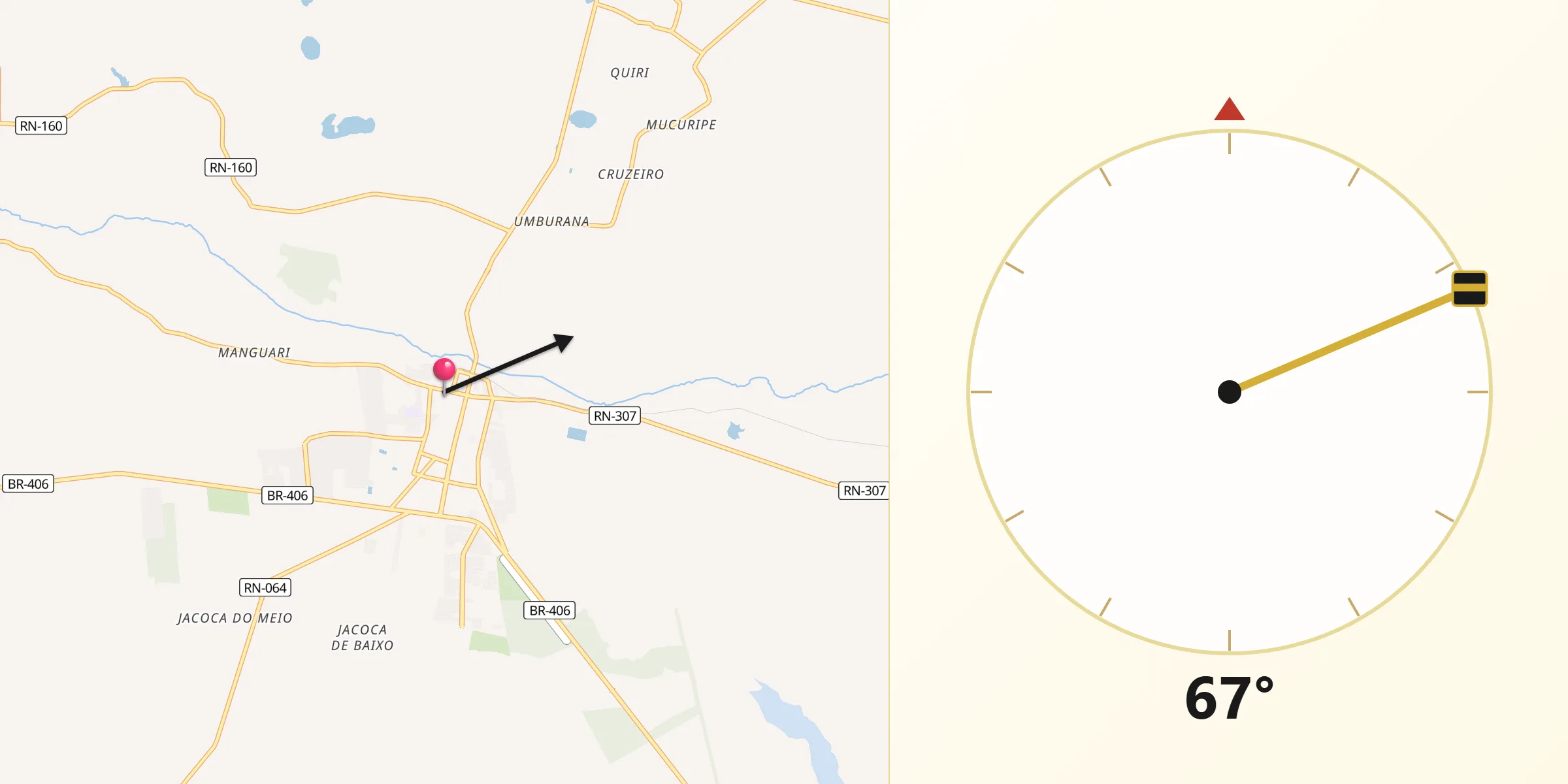 Direção da Qibla a partir de Ceará Mirim