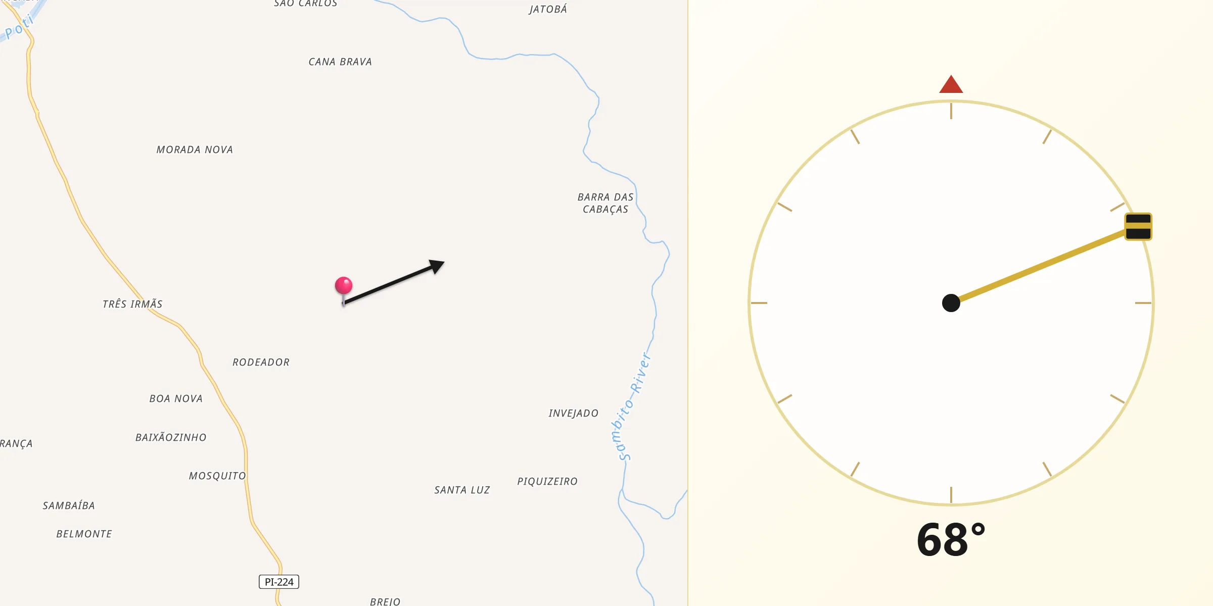 Direção da Qibla a partir de Prata do Piauí