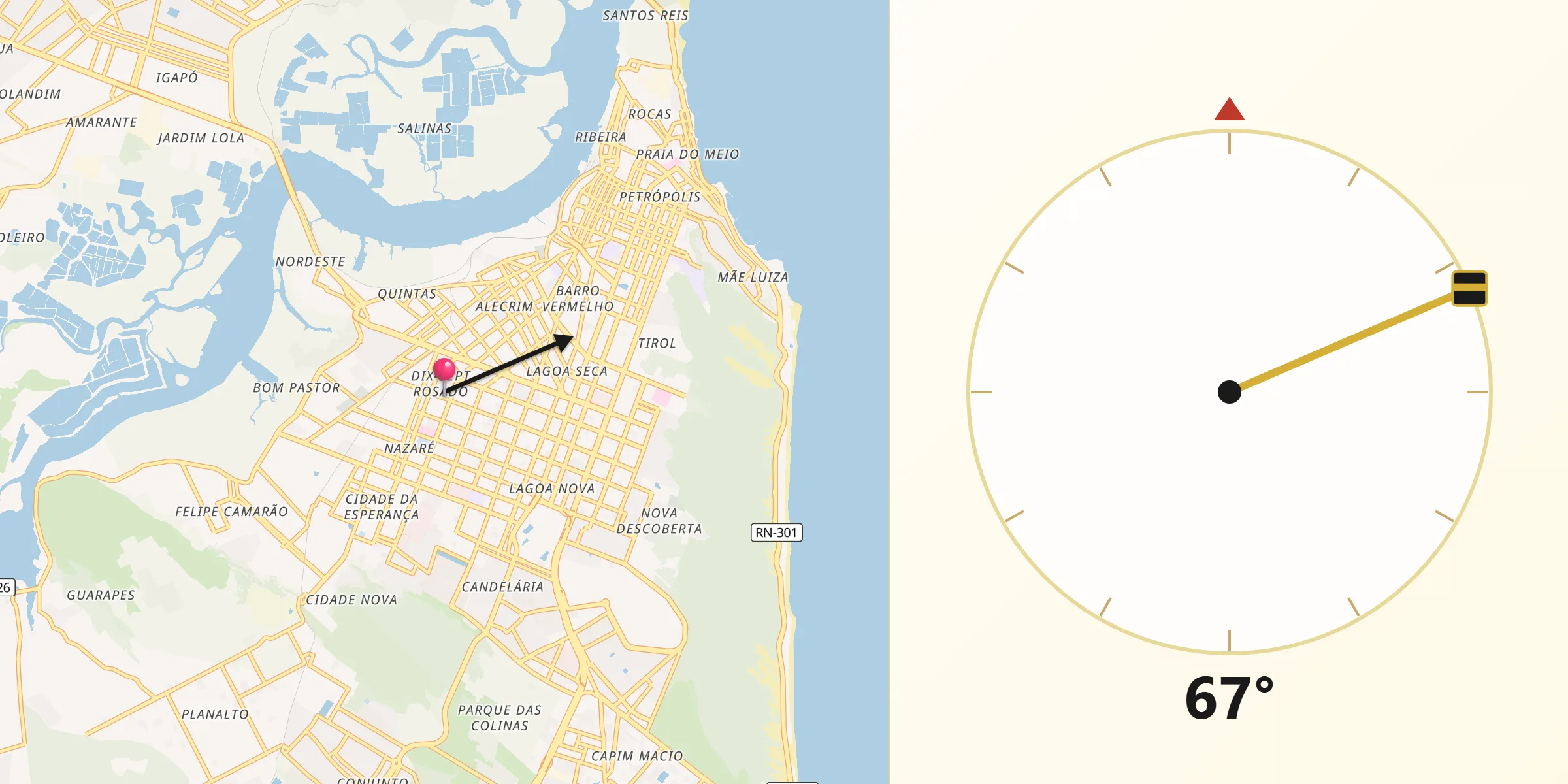 Direção da Qibla a partir de Natal
