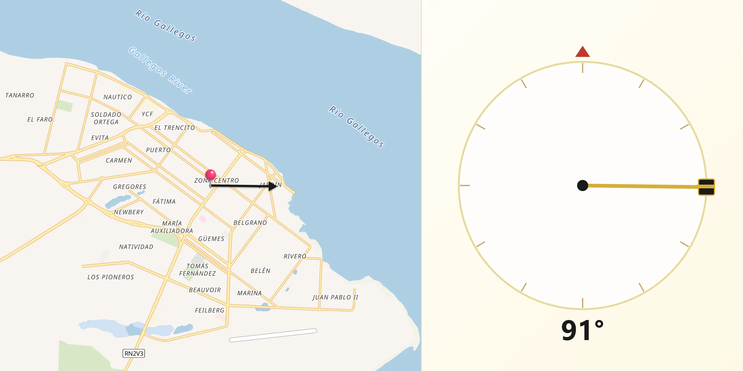 Dirección de la Qibla desde Río Gallegos