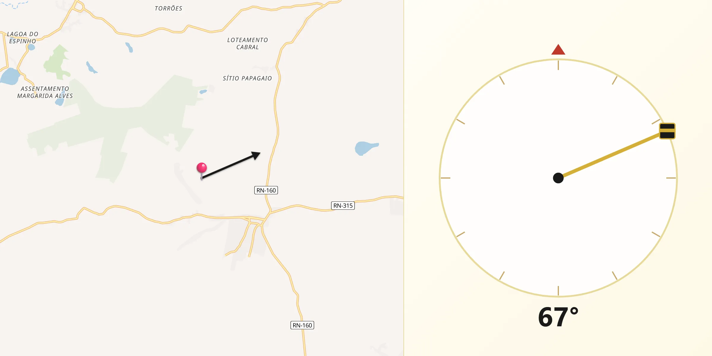 Direção da Qibla a partir de Vera Cruz