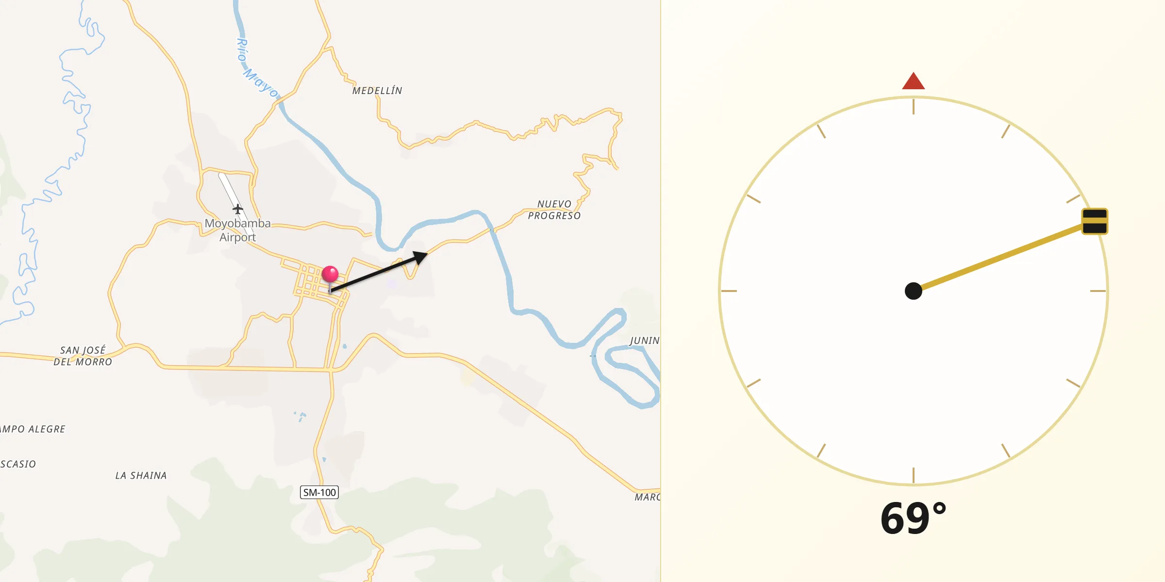 Dirección de la Qibla desde Moyobamba