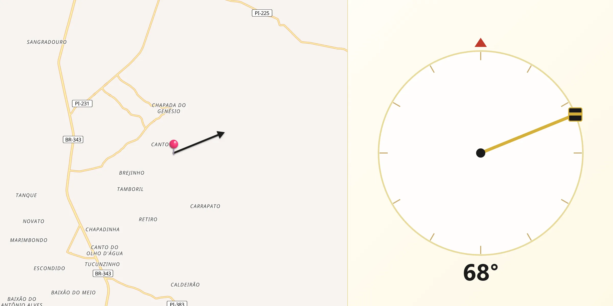 Direção da Qibla a partir de Santo Antônio dos Milagres