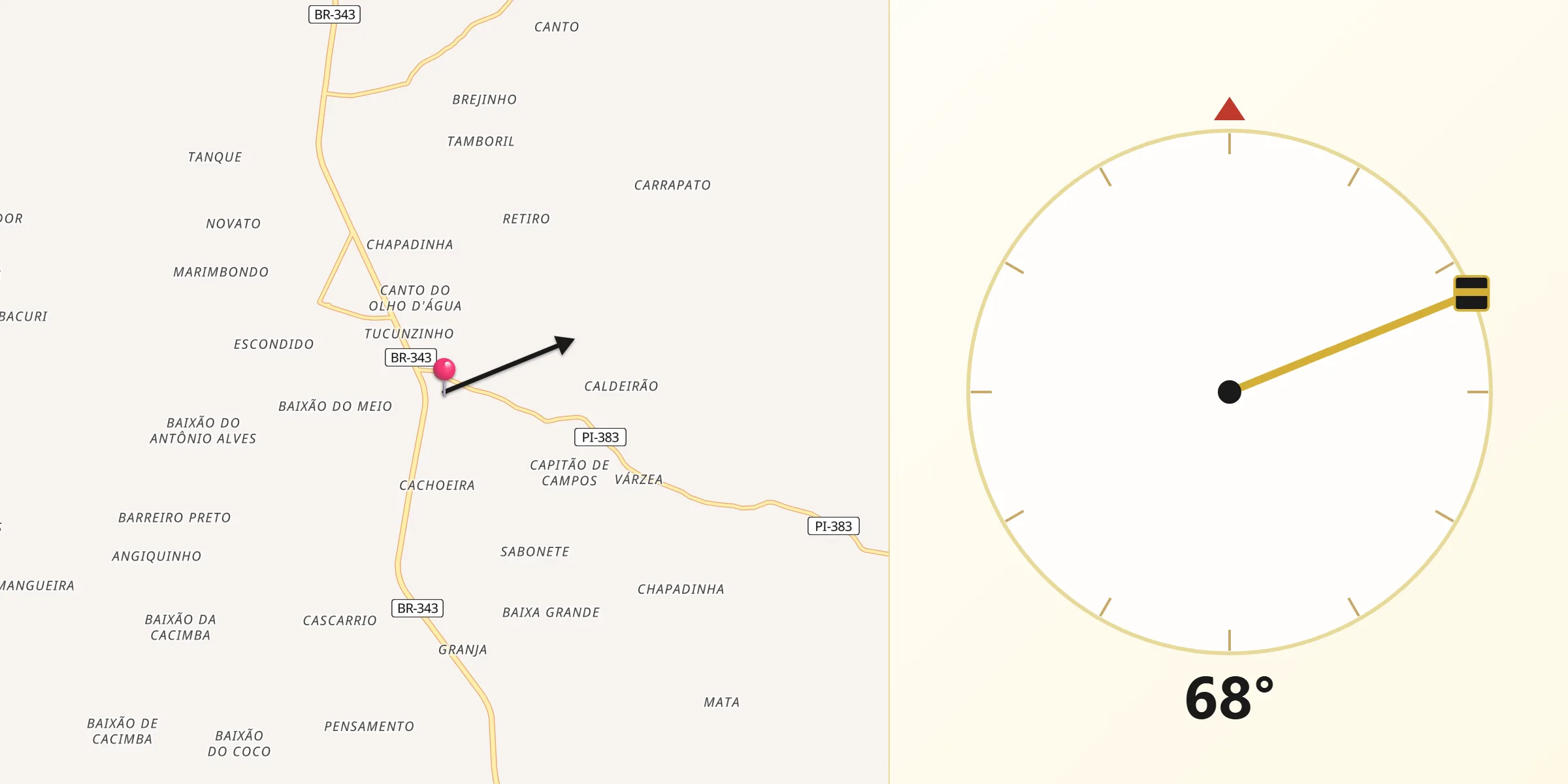 Direção da Qibla a partir de Angical do Piauí