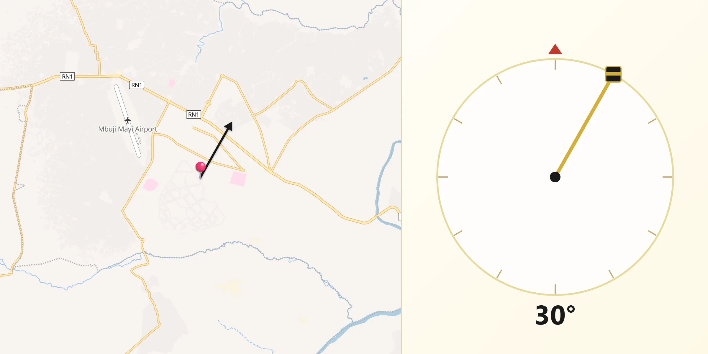 Direction vers la Qibla depuis Mbuji-Mayi