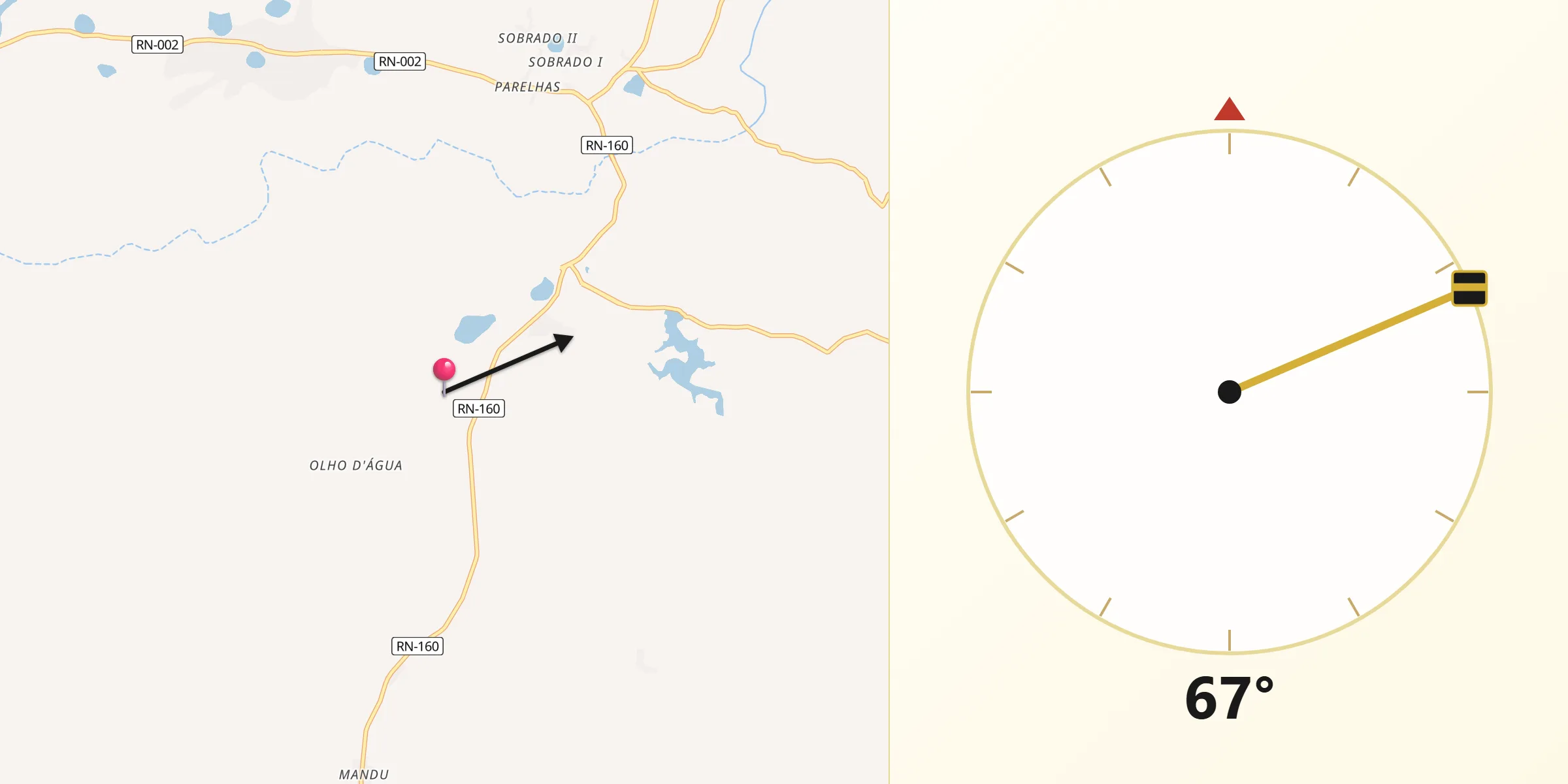 Direção da Qibla a partir de Lagoa de Pedras