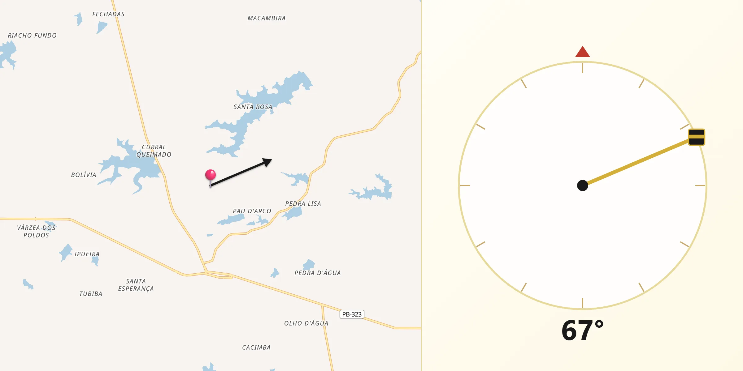 Direção da Qibla a partir de Brejo do Cruz