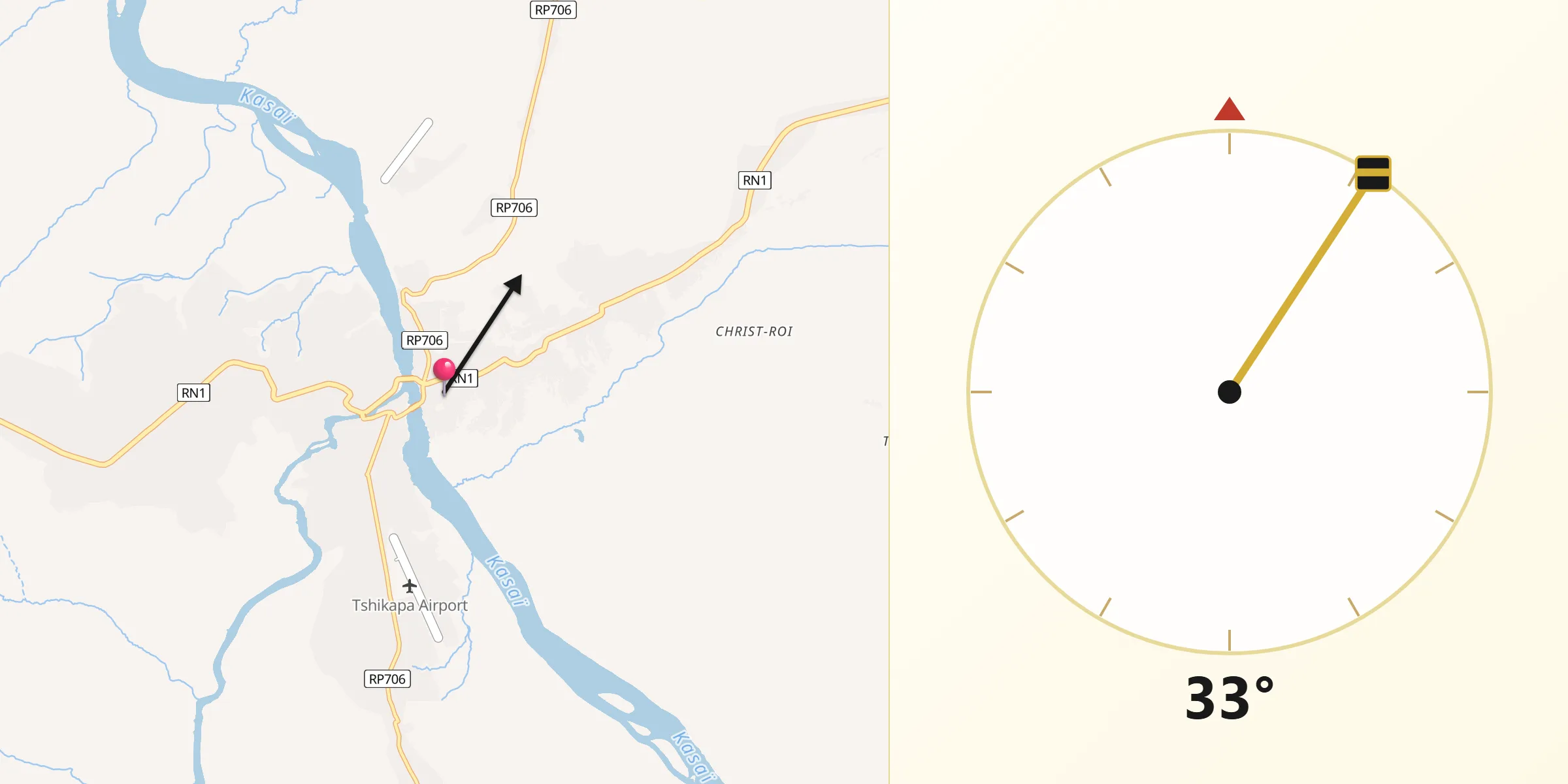 Direction vers la Qibla depuis Tshikapa