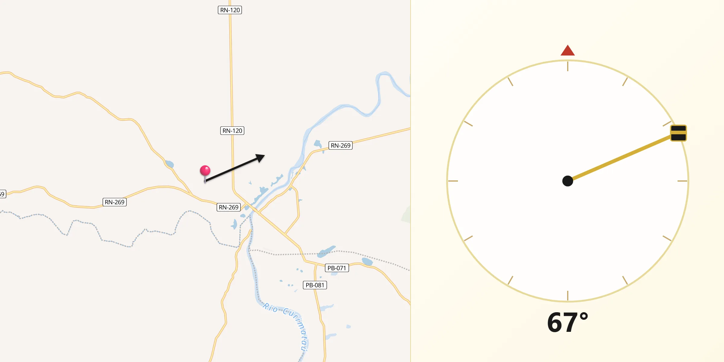 Direção da Qibla a partir de Nova Cruz
